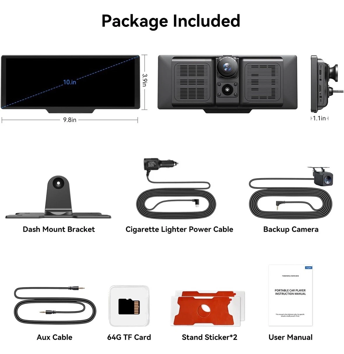 10.26" Wireless Car Stereo with Apple CarPlay & Android Auto - 1080P Backup Camera