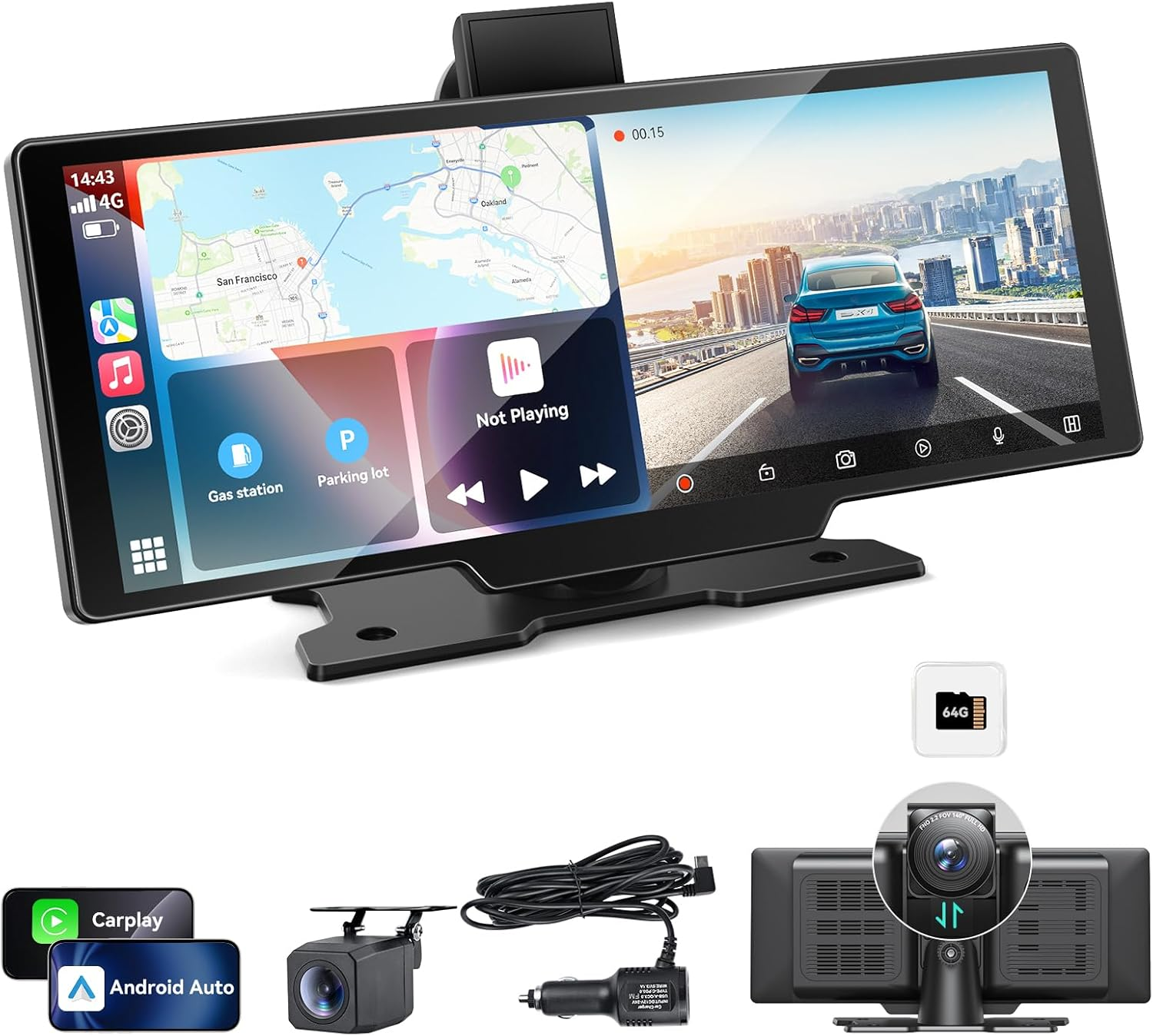 10.26" CarPlay Screen with 4K Dash Cam & Android Auto - GPS Navigation & Backup Camera