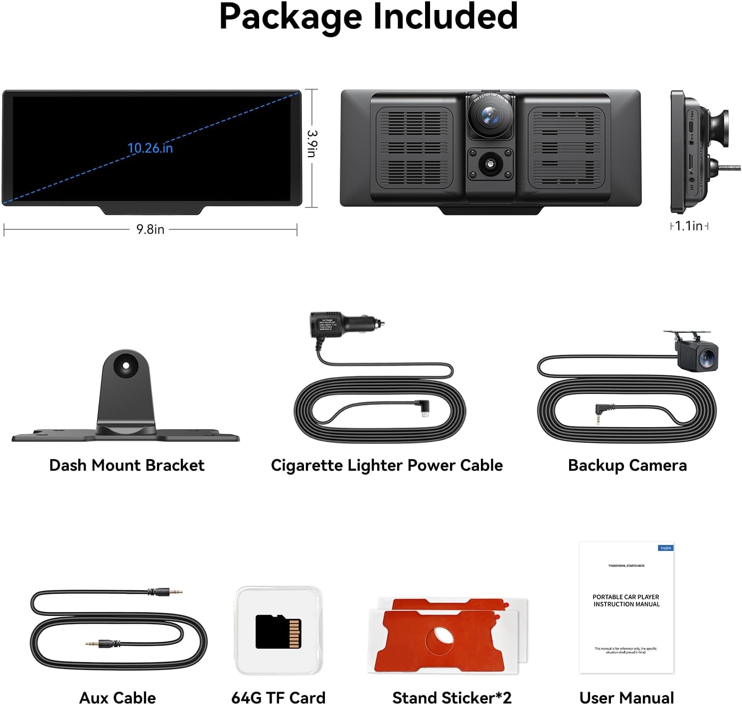 10.26" CarPlay Screen with 4K Dash Cam & Android Auto - GPS Navigation & Backup Camera