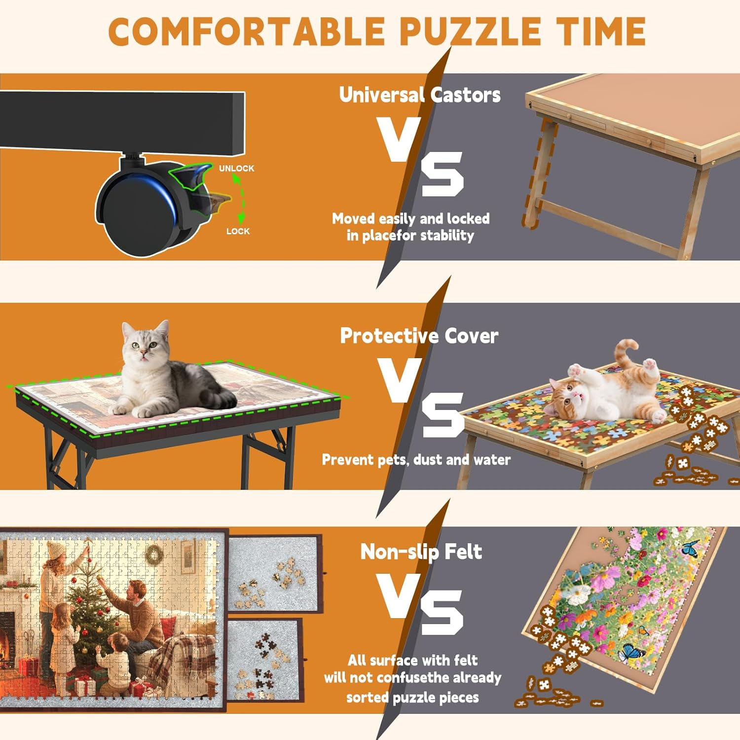 Puzzle Table with Folding Legs - 1500 Piece Capacity, Drawers, Cover & Wheels