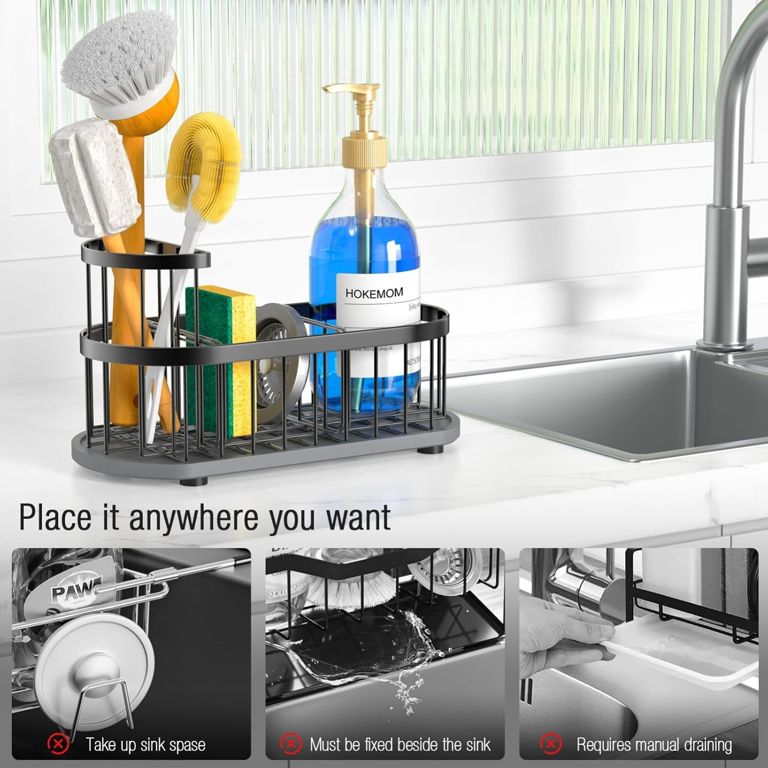 Kitchen Sink Organizer - Stainless Steel Sponge & Brush Holder