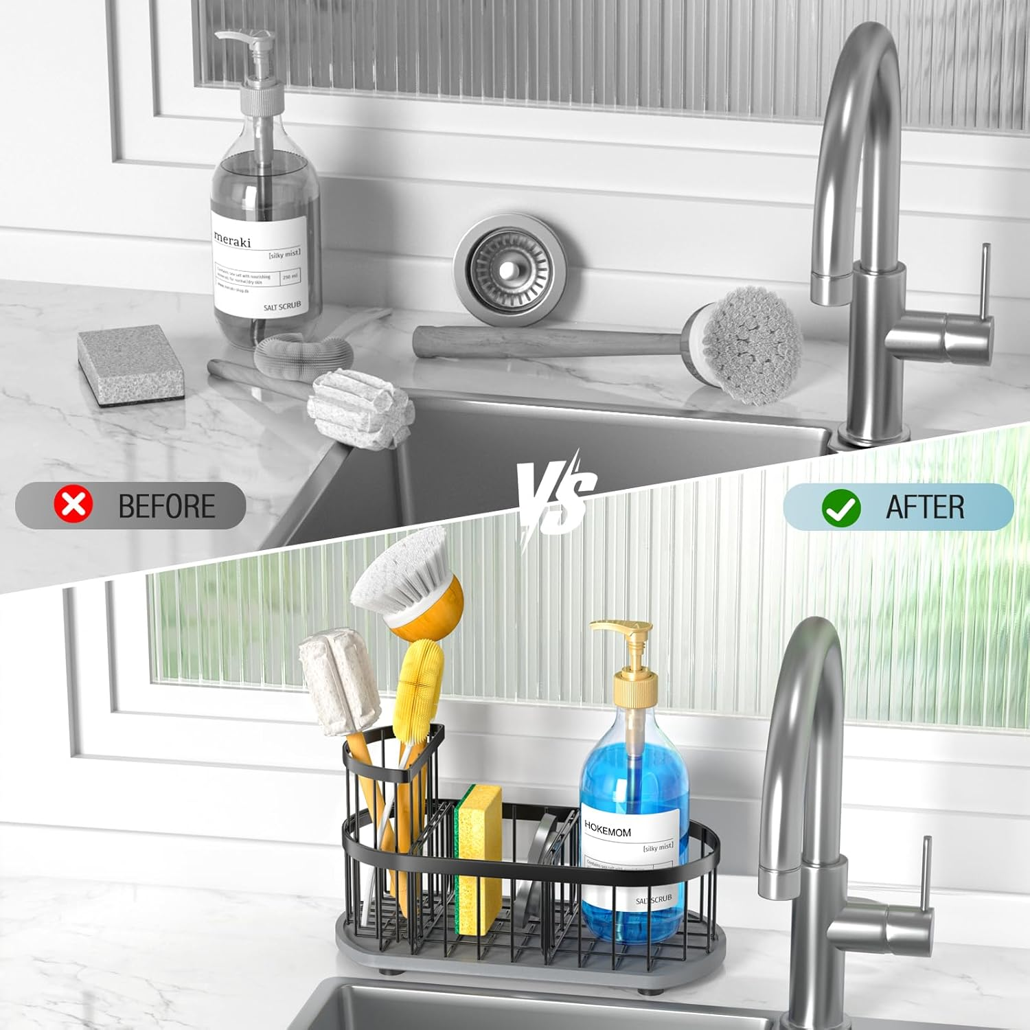 Kitchen Sink Organizer - Stainless Steel Sponge & Brush Holder
