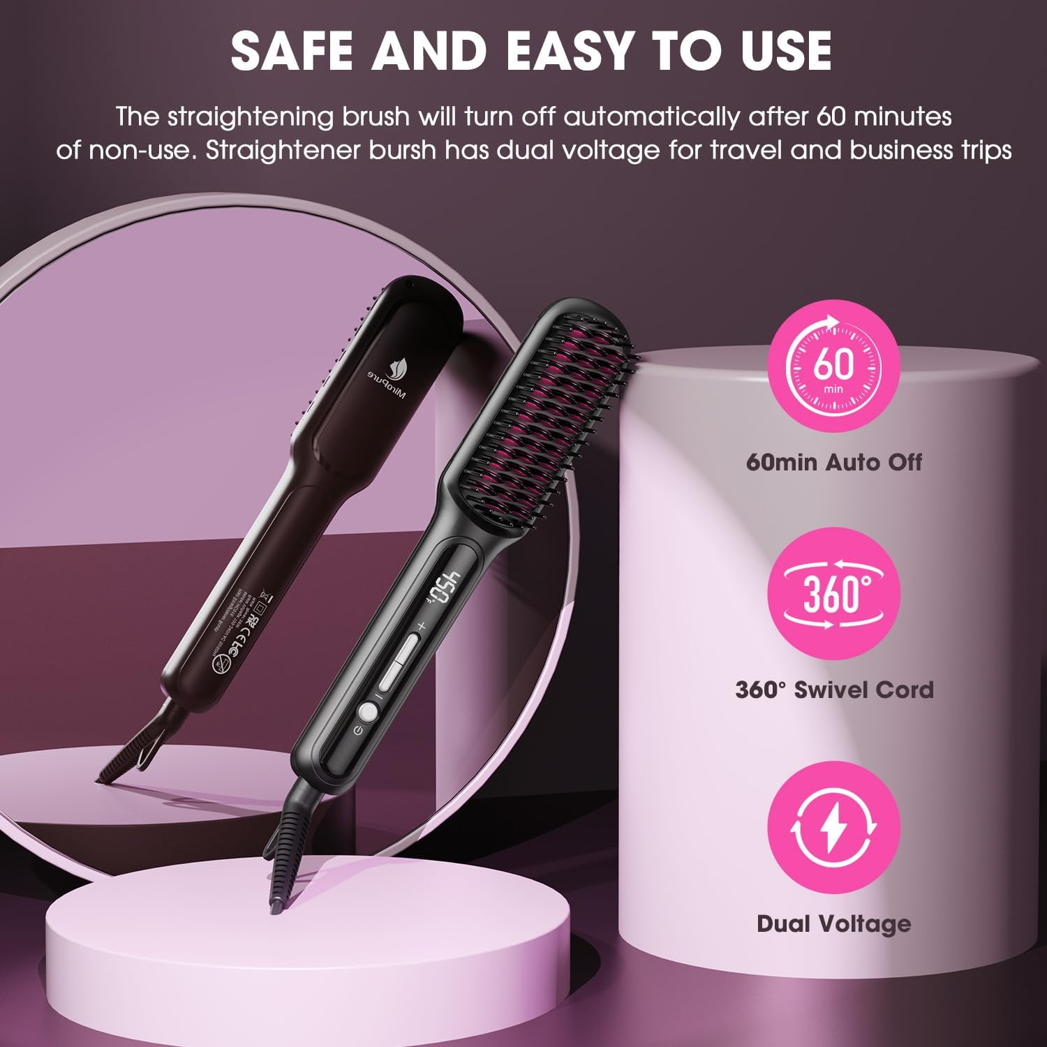 MiroPure Hair Straightener Brush - Plasma Ceramic Technology with 16 Heat Settings