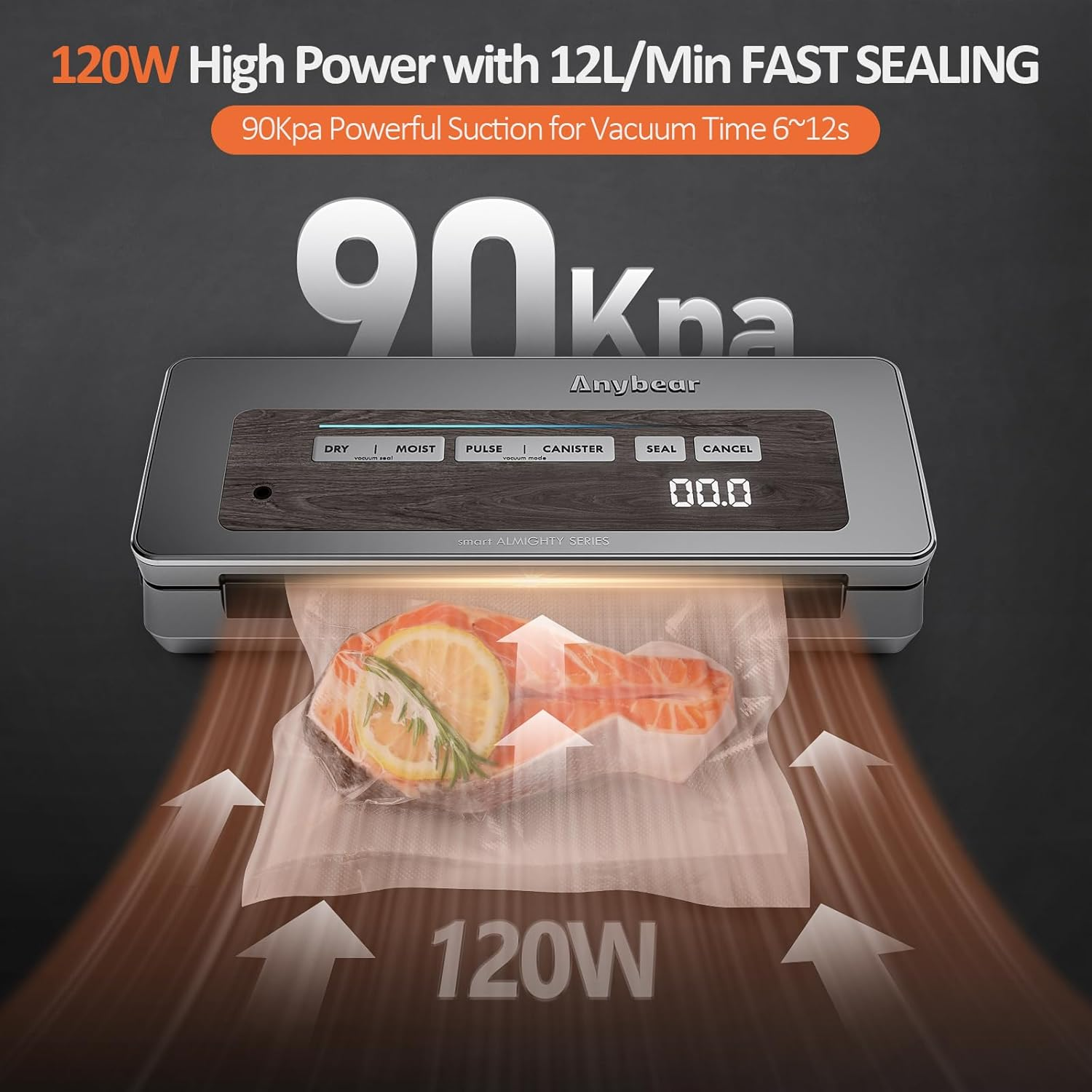 Anybear Vacuum Sealer Machine - 90kPa Suction, 120W Motor with Cutter