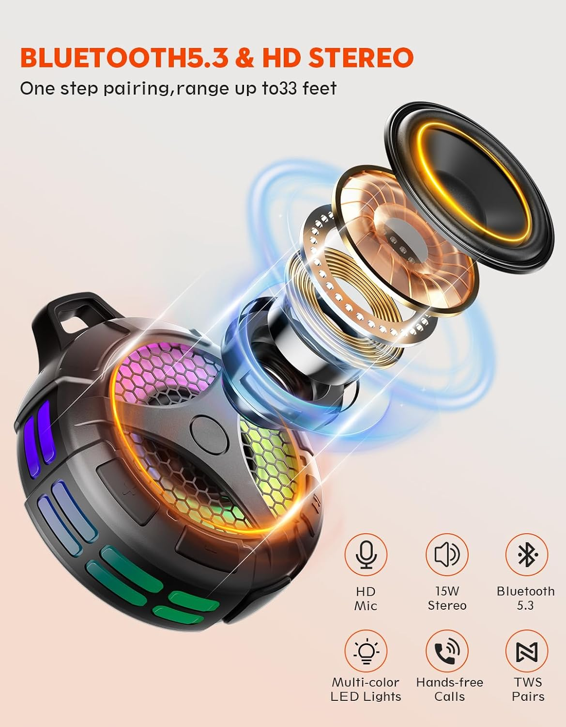 Bondidea Waterproof Bluetooth Speaker - IPX7 Portable Shower Speaker with RGB Lights
