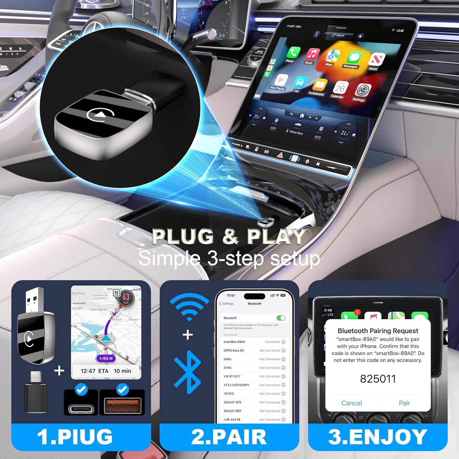 Wireless CarPlay Adapter Mini - Convert Wired to Wireless with USB-C Adapter