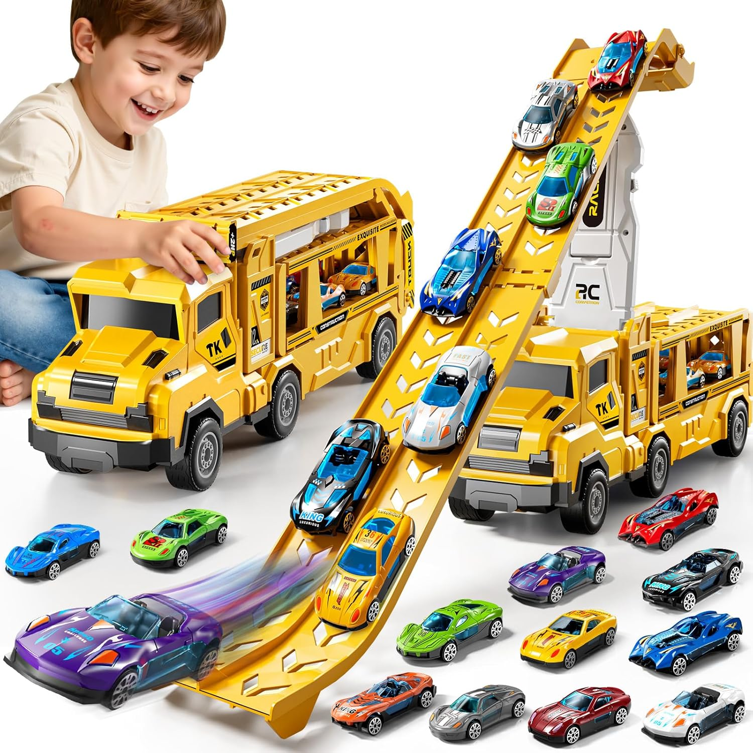 3-in-1 Kid Carrier Truck Toy with 12 Racing Cars & Foldable Track