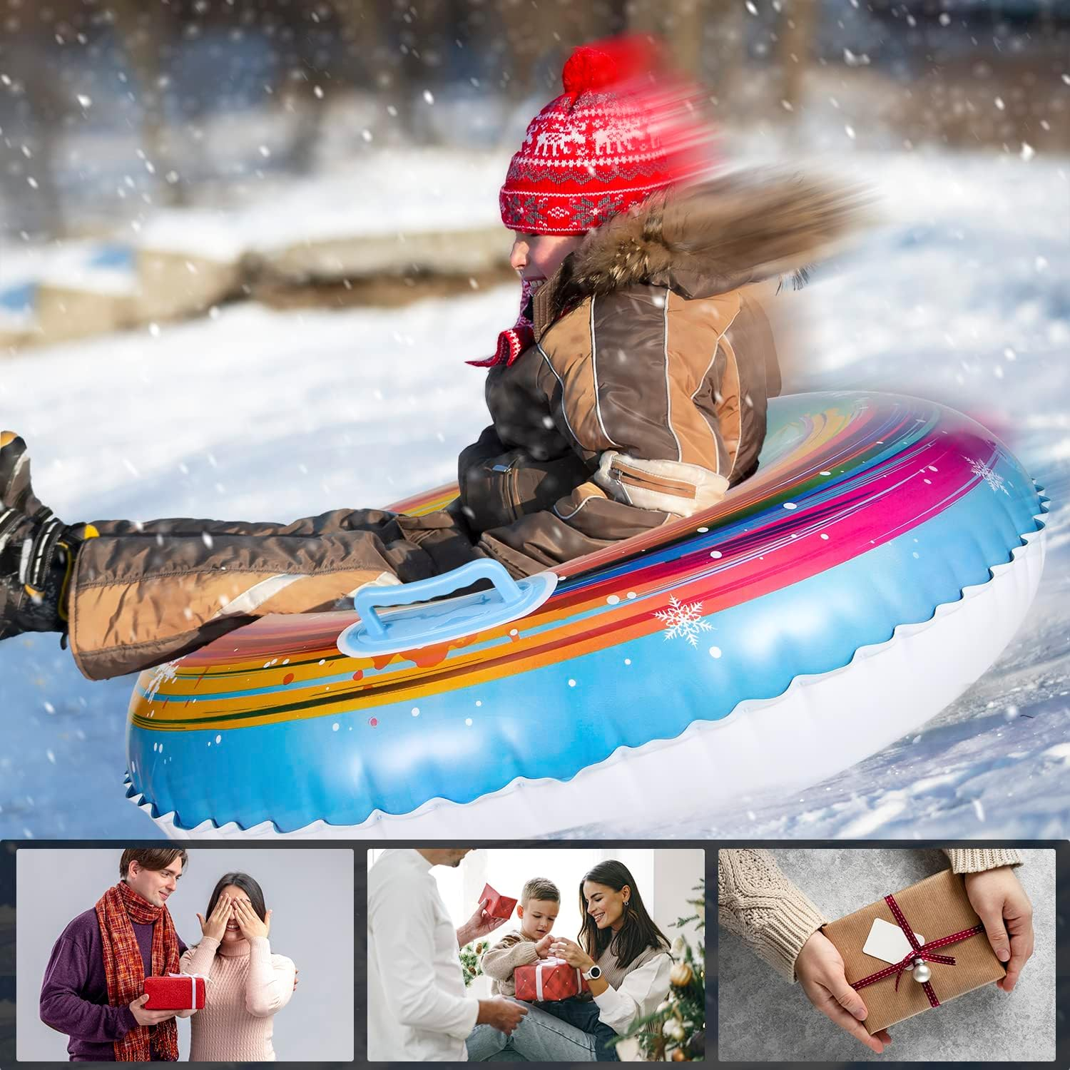 Experience winter fun with the 3 Pack Inflatable Snow Tubes,