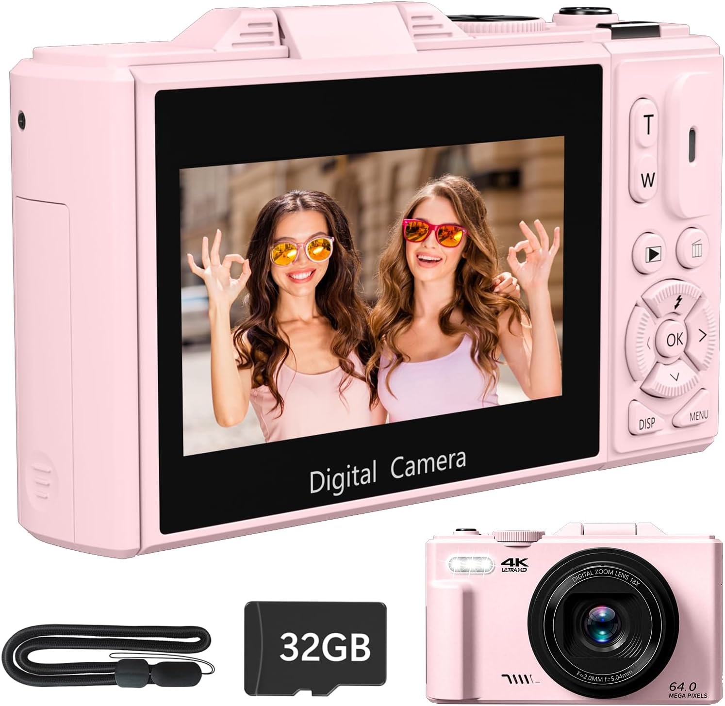 Pink Travel Digital Camera - 30MP 1080P WiFi Vlogging Camera with Flip Screen
