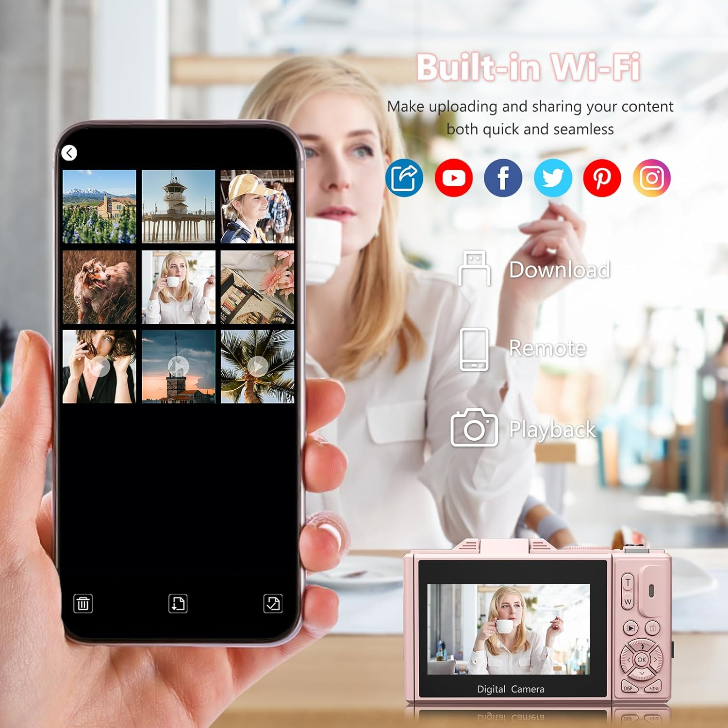 Pink Travel Digital Camera - 30MP 1080P WiFi Vlogging Camera with Flip Screen