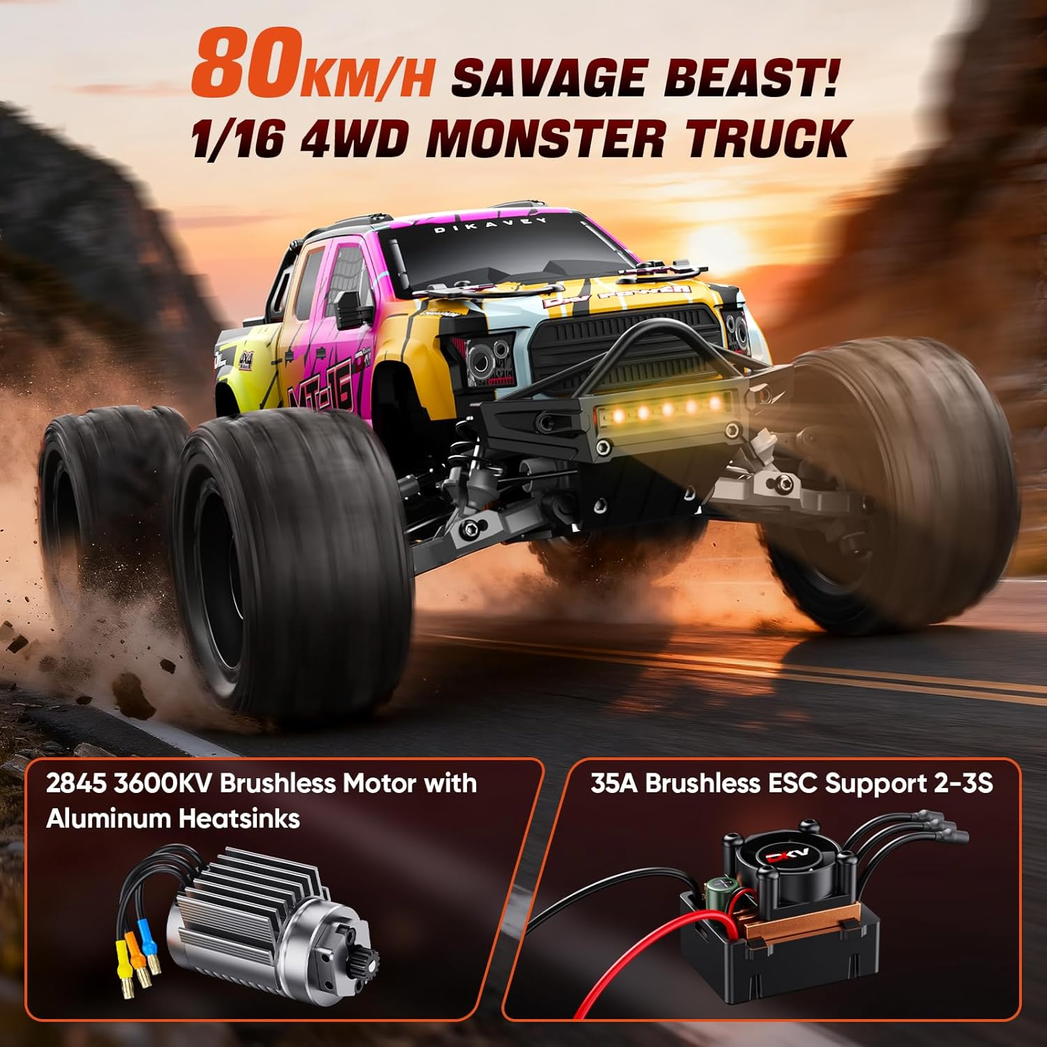 DIKAVEY 1/16 Scale 50MPH Brushless RC Truck - 4WD All-Terrain Remote Control Car with 3S Battery