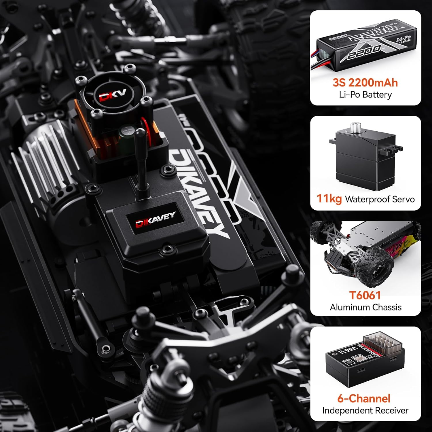 DIKAVEY 1/16 Scale 50MPH Brushless RC Truck - 4WD All-Terrain Remote Control Car with 3S Battery