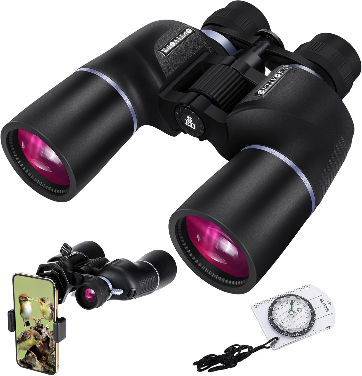 OPTIVORA 10-32x60 Zoom Binoculars for Adults - High Powered BAK4 Telescope with SMC Lenses