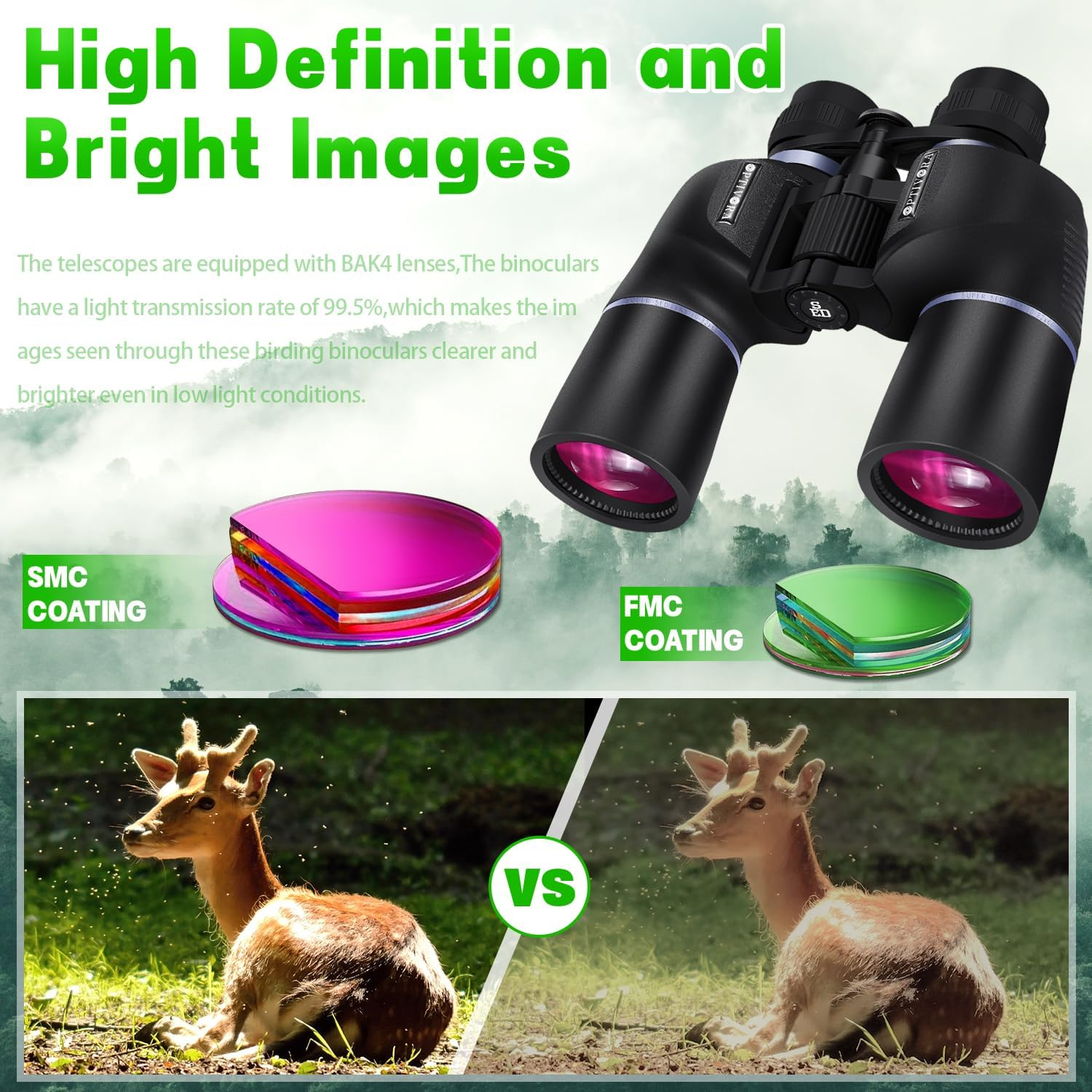 OPTIVORA 10-32x60 Zoom Binoculars for Adults - High Powered BAK4 Telescope with SMC Lenses