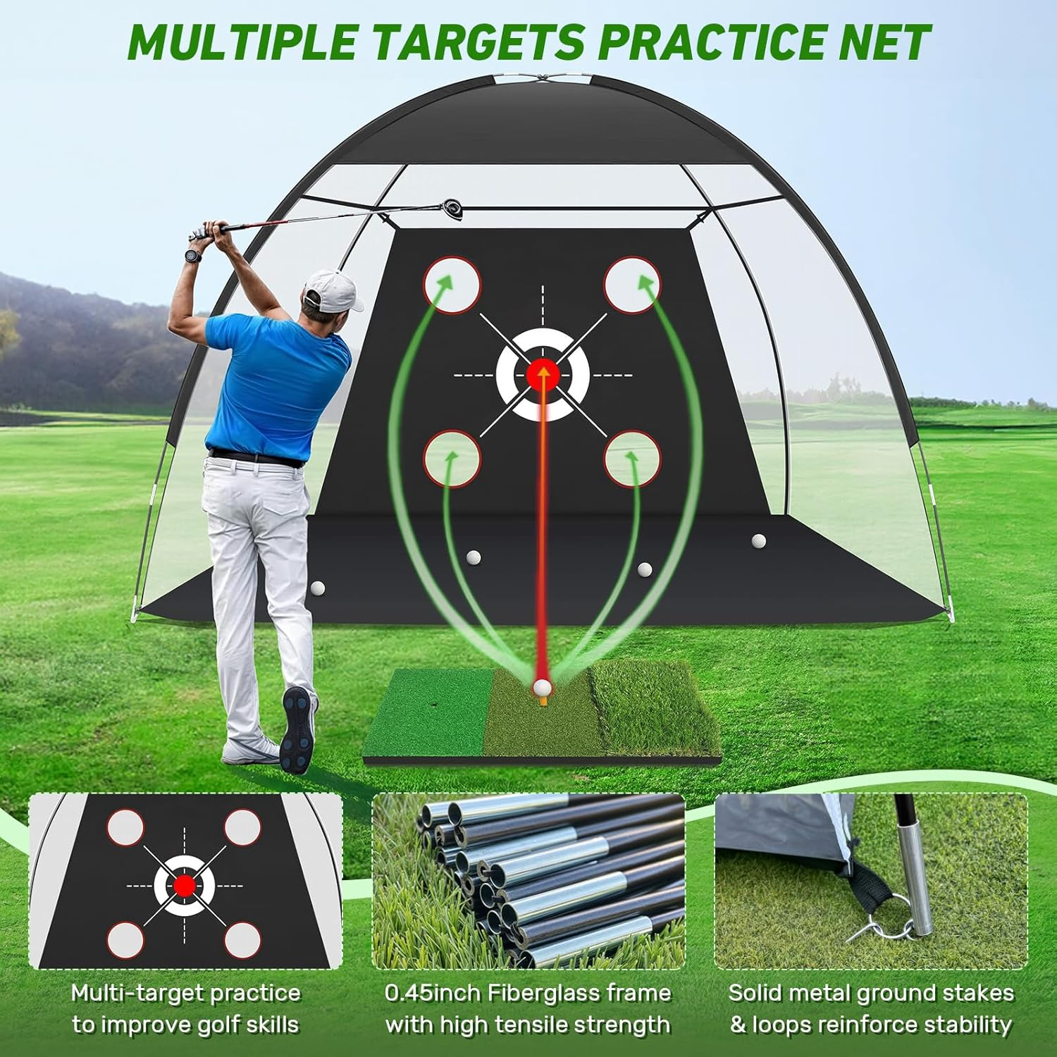 Golf Net 10x7FT with Practice Mat - Backyard Driving & Chipping Training Set