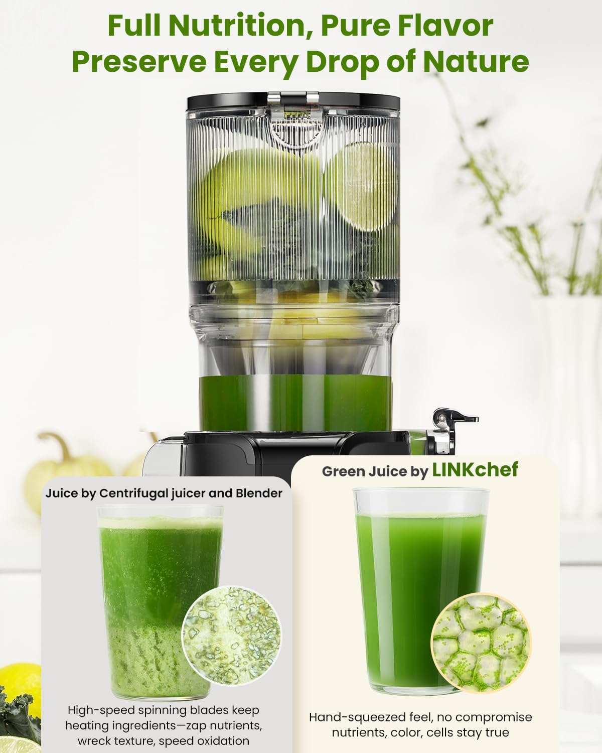 LINKChef Cold Press Juicer - 4.35" Wide Chute Masticating Juicer for Whole Fruits & Vegetables