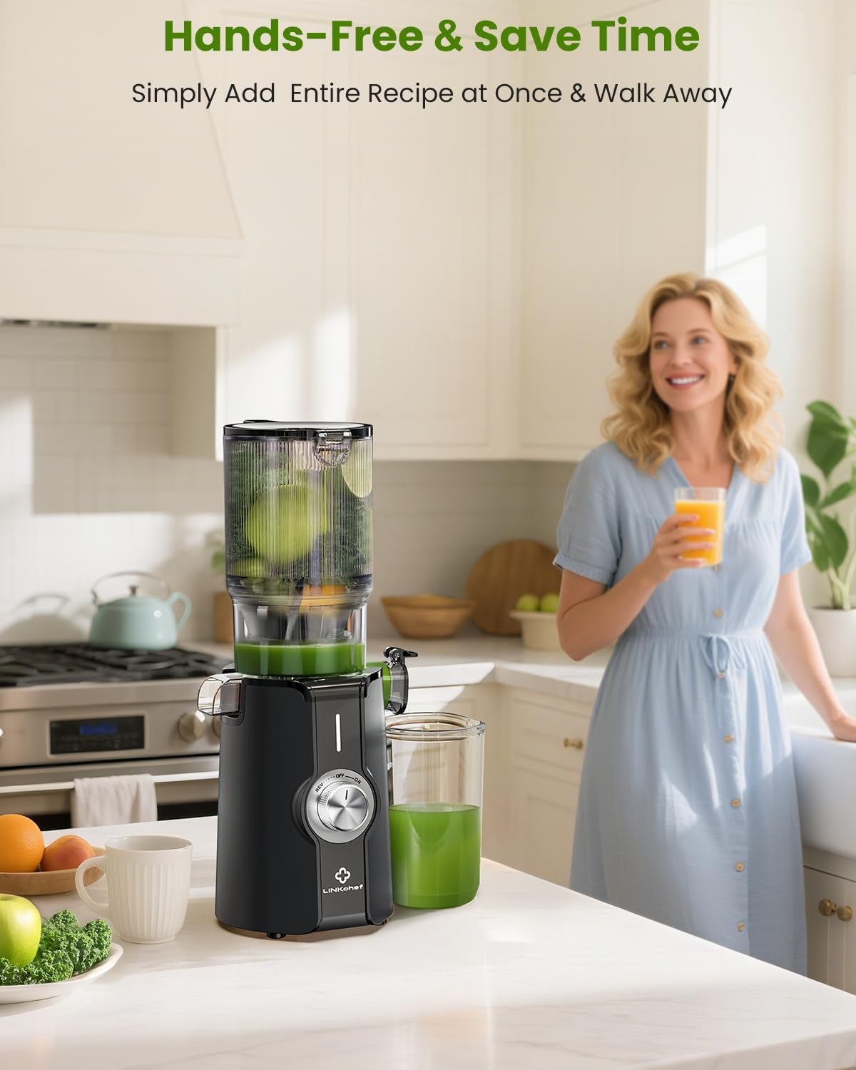 LINKChef Cold Press Juicer - 4.35" Wide Chute Masticating Juicer for Whole Fruits & Vegetables