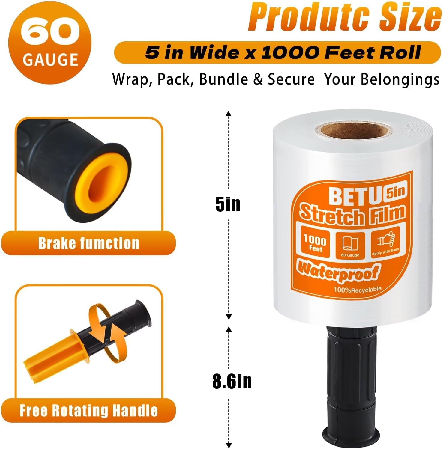 BETU Heavy-Duty Stretch Film 5" x 1000ft - Industrial Plastic Wrap for Moving & Packing