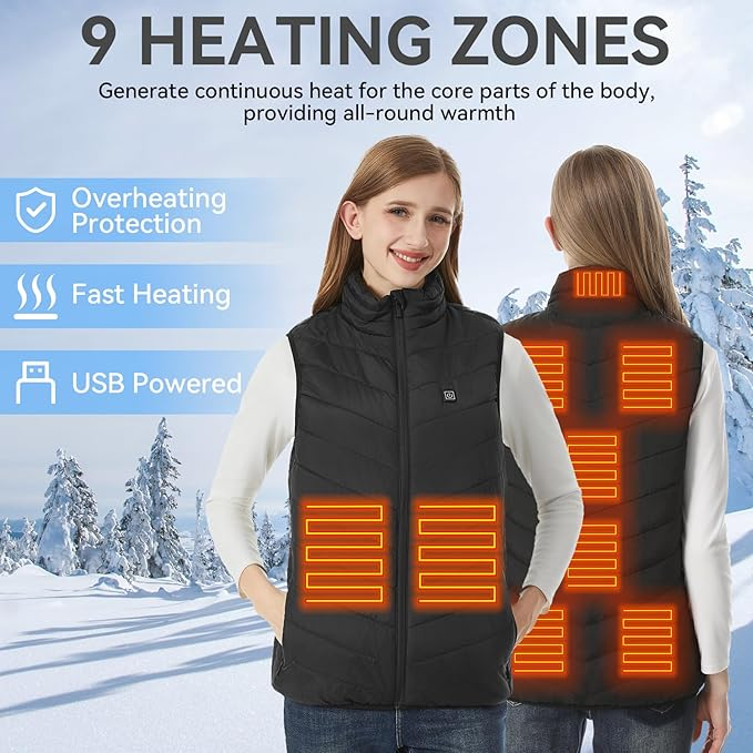 Heated Vest with 9 Heating Zones - Lightweight Winter Vest for Men & Women (Battery Not Included)