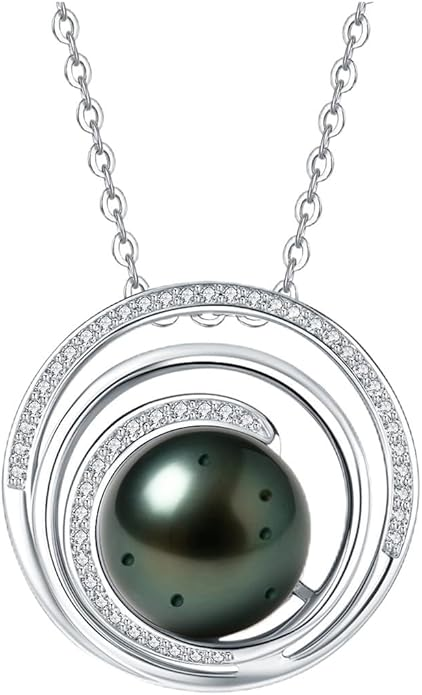 Tahitian Black Pearl Necklace - 9-13mm AAAA Sterling Silver Moissanite Pendant