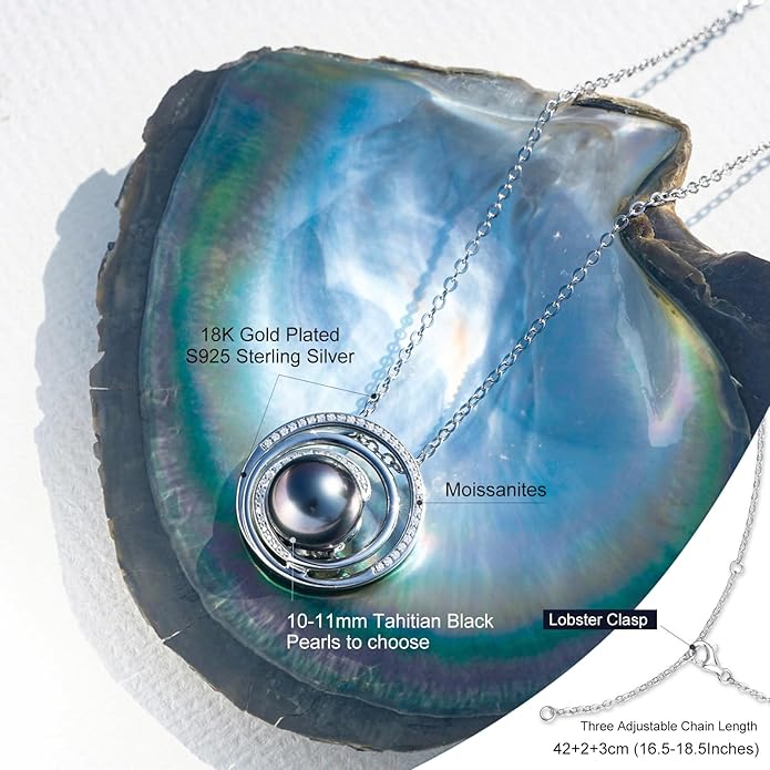 Tahitian Black Pearl Necklace - 9-13mm AAAA Sterling Silver Moissanite Pendant