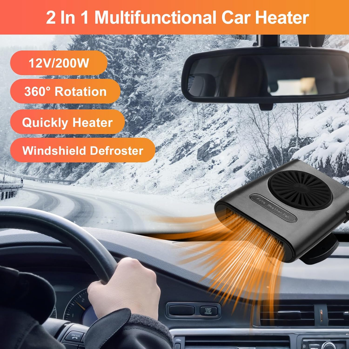 12V Car Heater 200W - Fast Defrost & Defogger with 2-in-1 Cooling Fan for Windscreen