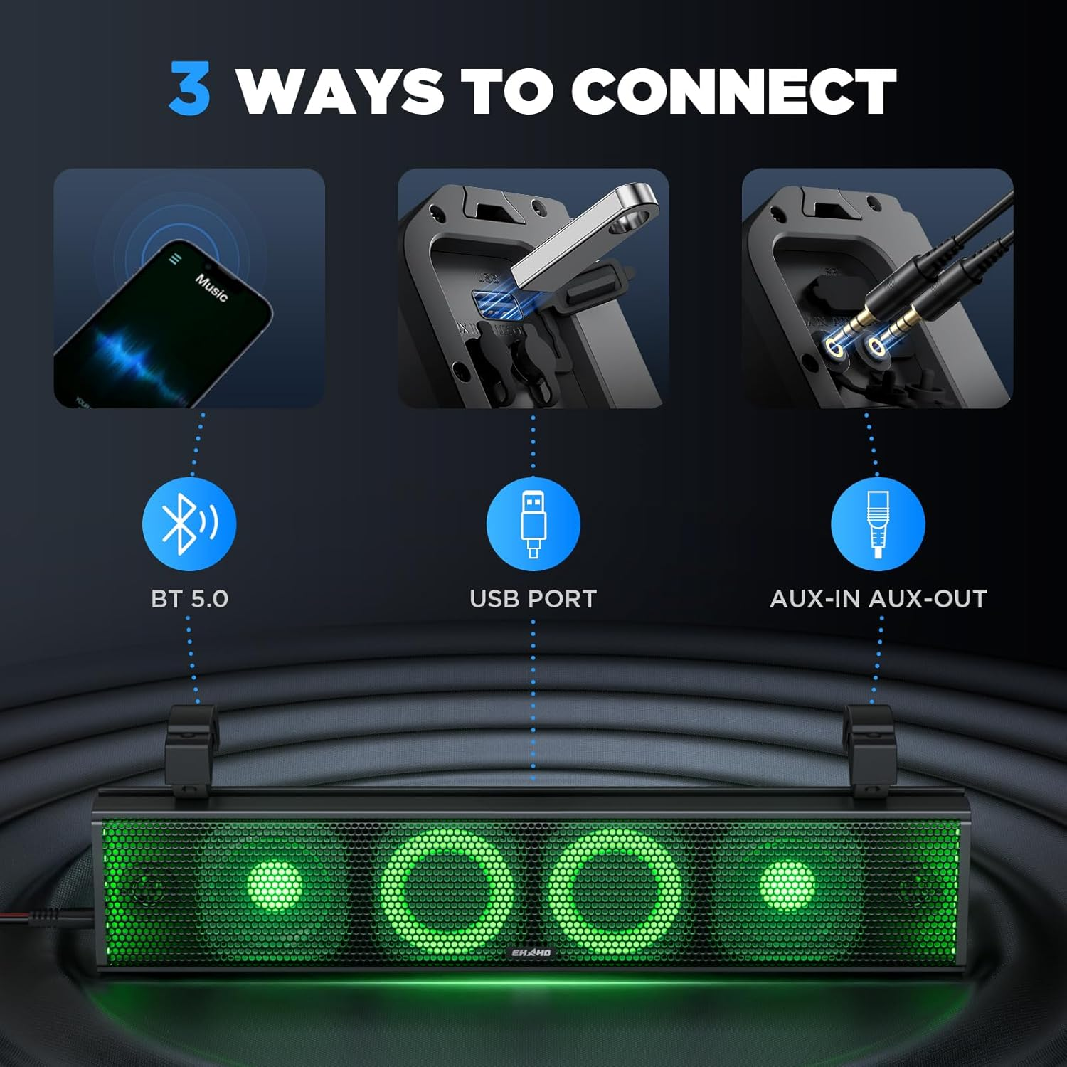 Ehaho 17 Inch UTV Sound Bar - 4 Speaker Bluetooth System with RGB & Strobe Lights for Polaris RZR