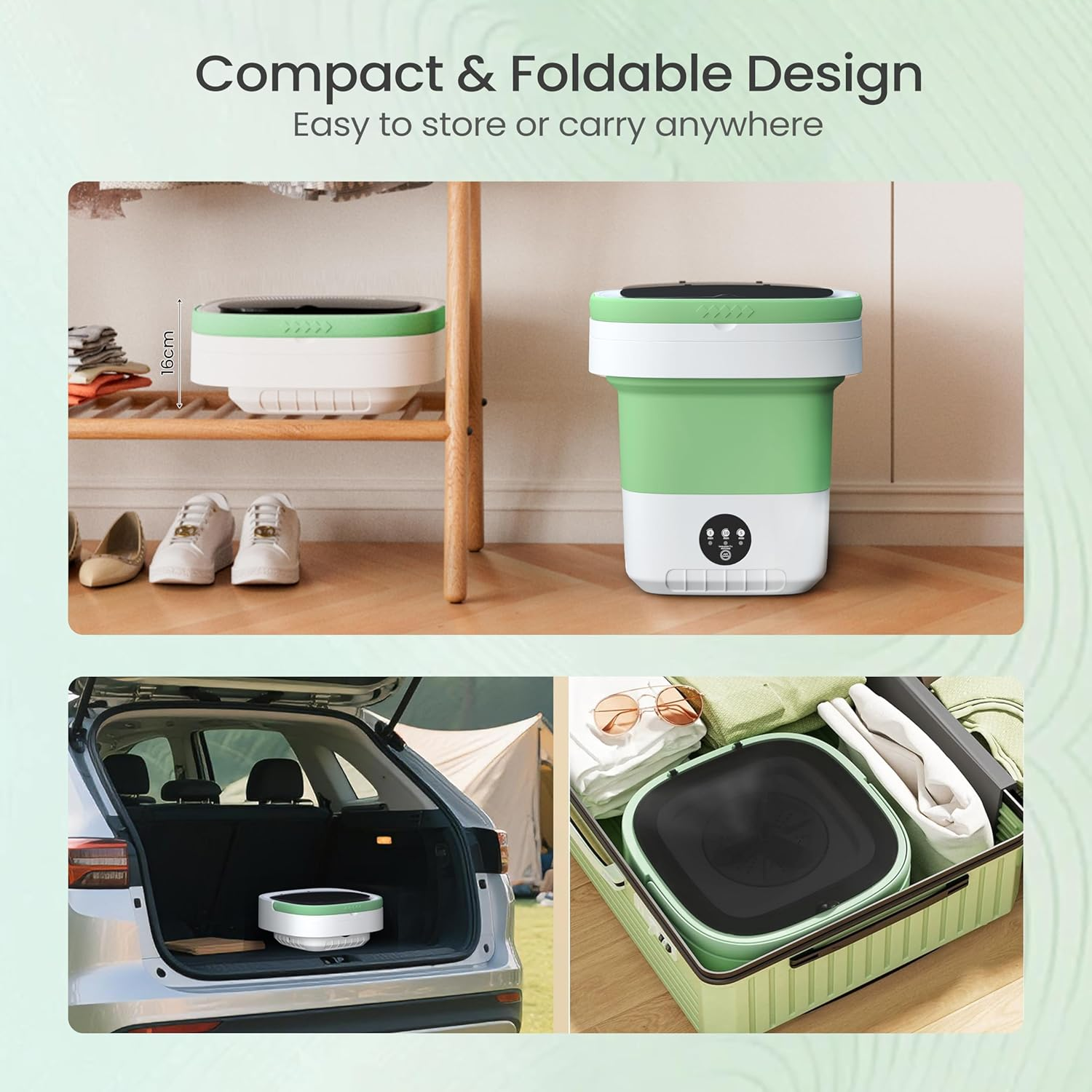 16L Portable Washing Machine - Compact Foldable Washer with Enhanced Spin & 3 Cleaning Modes