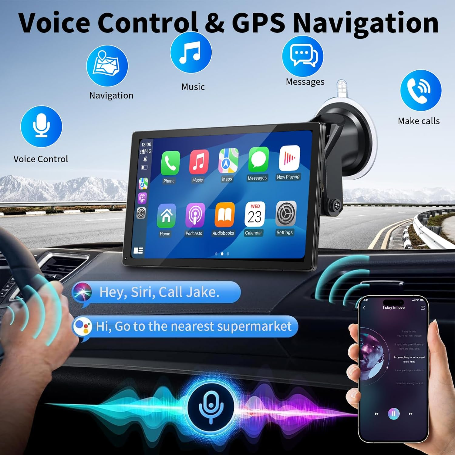 Wireless CarPlay & Android Auto Screen - Portable Touchscreen Display with GPS