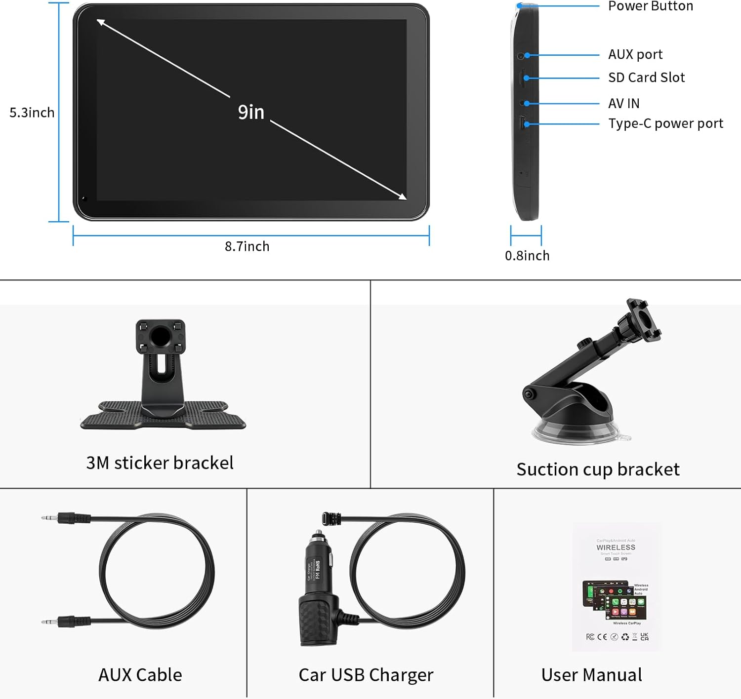 Wireless CarPlay & Android Auto Screen - Portable Touchscreen Display with GPS