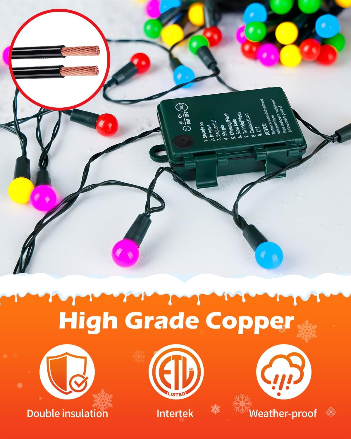 Christmas String Lights - 50 LED Battery Operated Globe Lights with Timer & 8 Modes