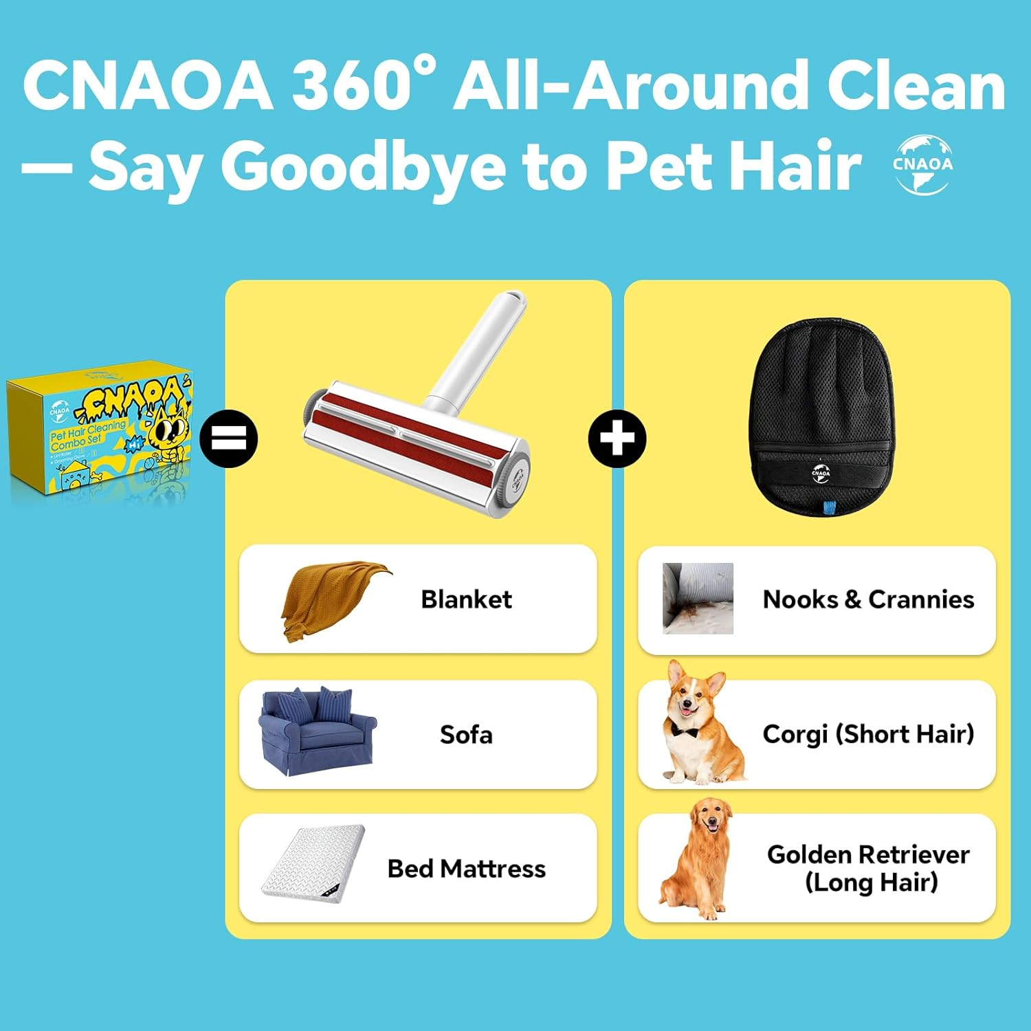 Upgraded Pet Hair Removal Set, Reusable Lint Roller & Electrostatic Grooming Glove