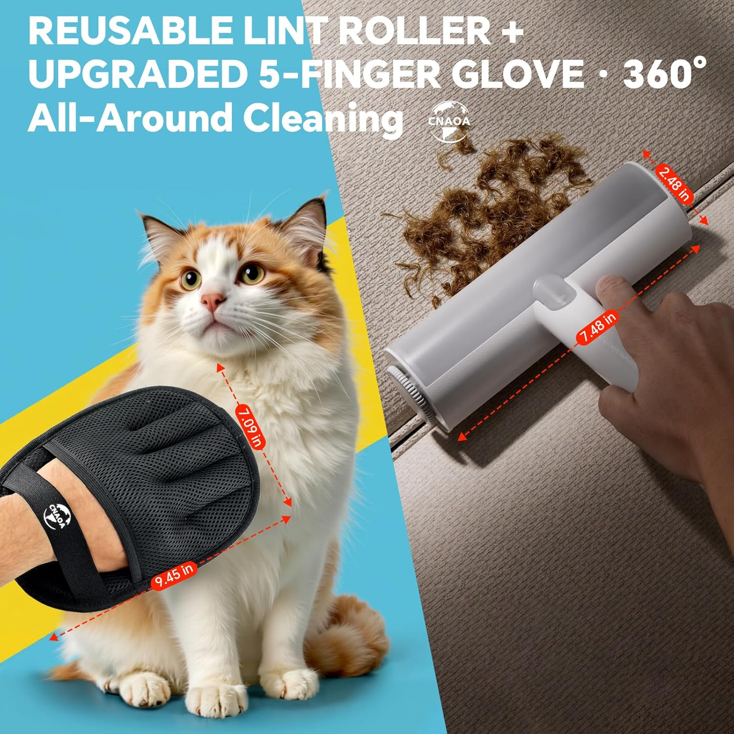 Upgraded Pet Hair Removal Set, Reusable Lint Roller & Electrostatic Grooming Glove
