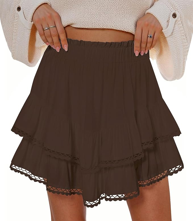 Women's Flowy Shorts - High Waist Lace Trim Boho Skorts with Tiered Ruffle