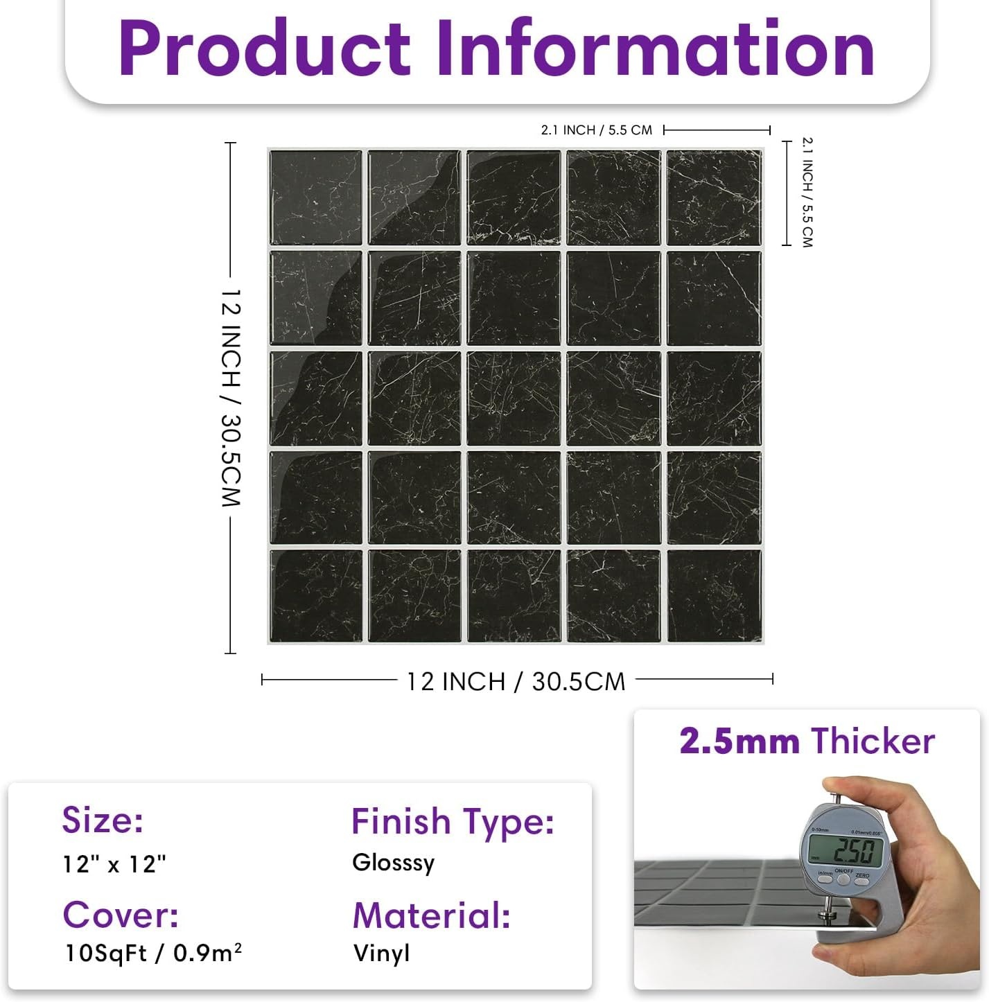 Black Marble Peel and Stick Backsplash Tiles - 10 Pack 12x12 3D Glossy Panels