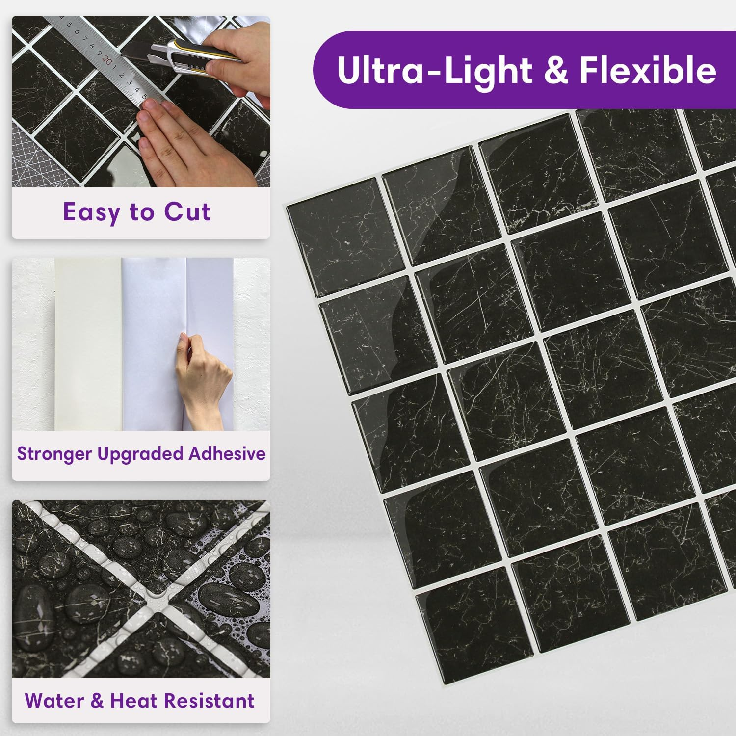Black Marble Peel and Stick Backsplash Tiles - 10 Pack 12x12 3D Glossy Panels