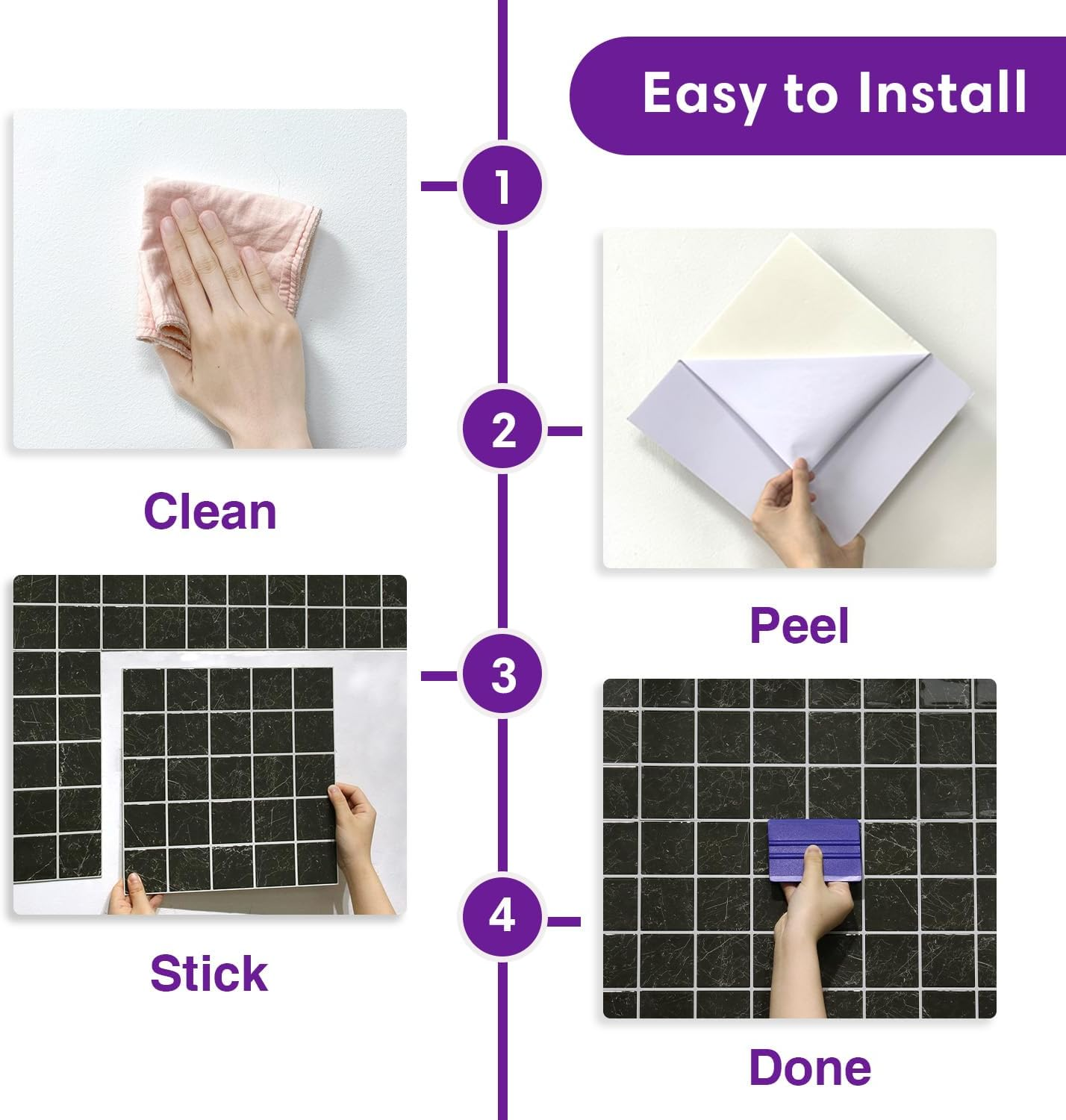 Black Marble Peel and Stick Backsplash Tiles - 10 Pack 12x12 3D Glossy Panels