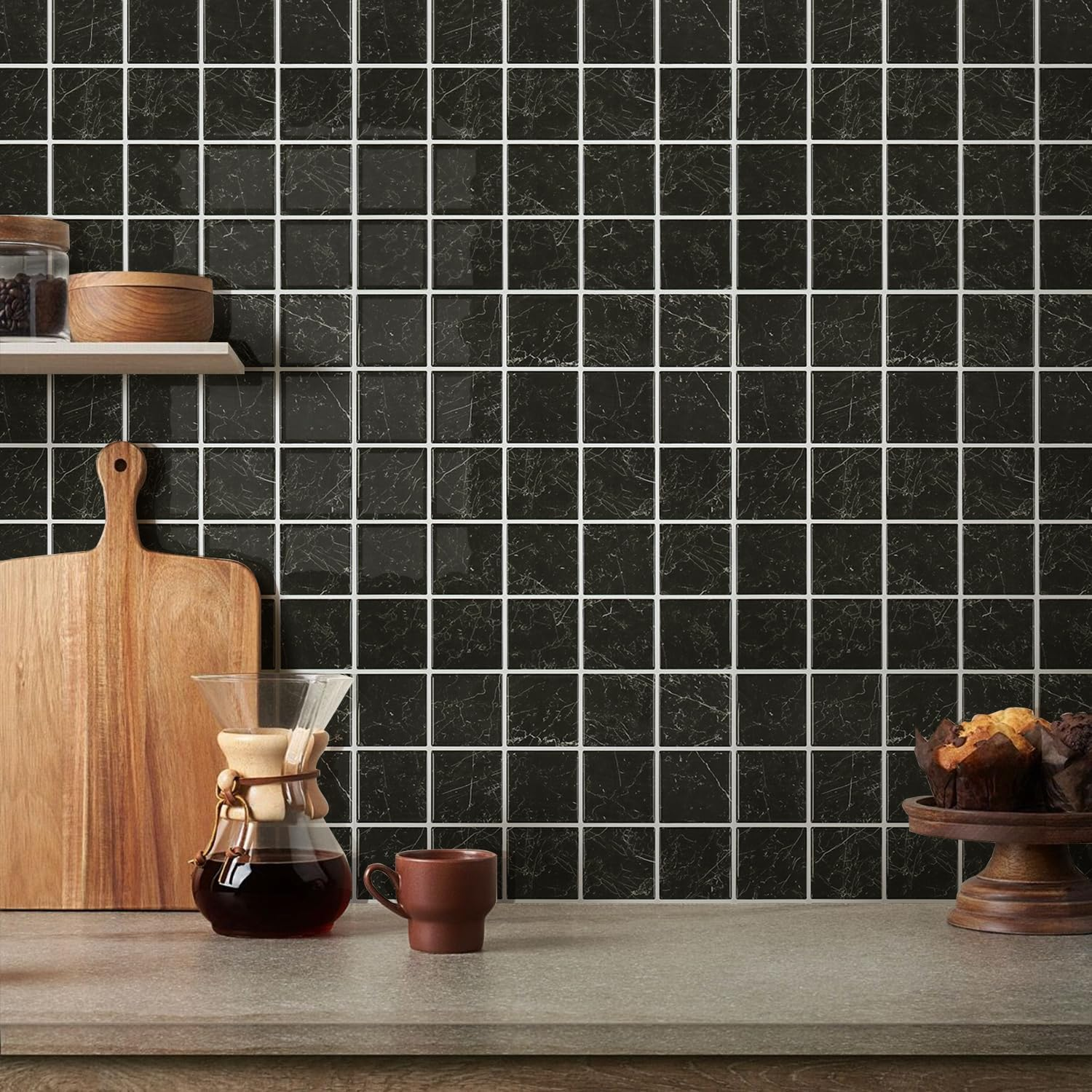 Black Marble Peel and Stick Backsplash Tiles - 10 Pack 12x12 3D Glossy Panels