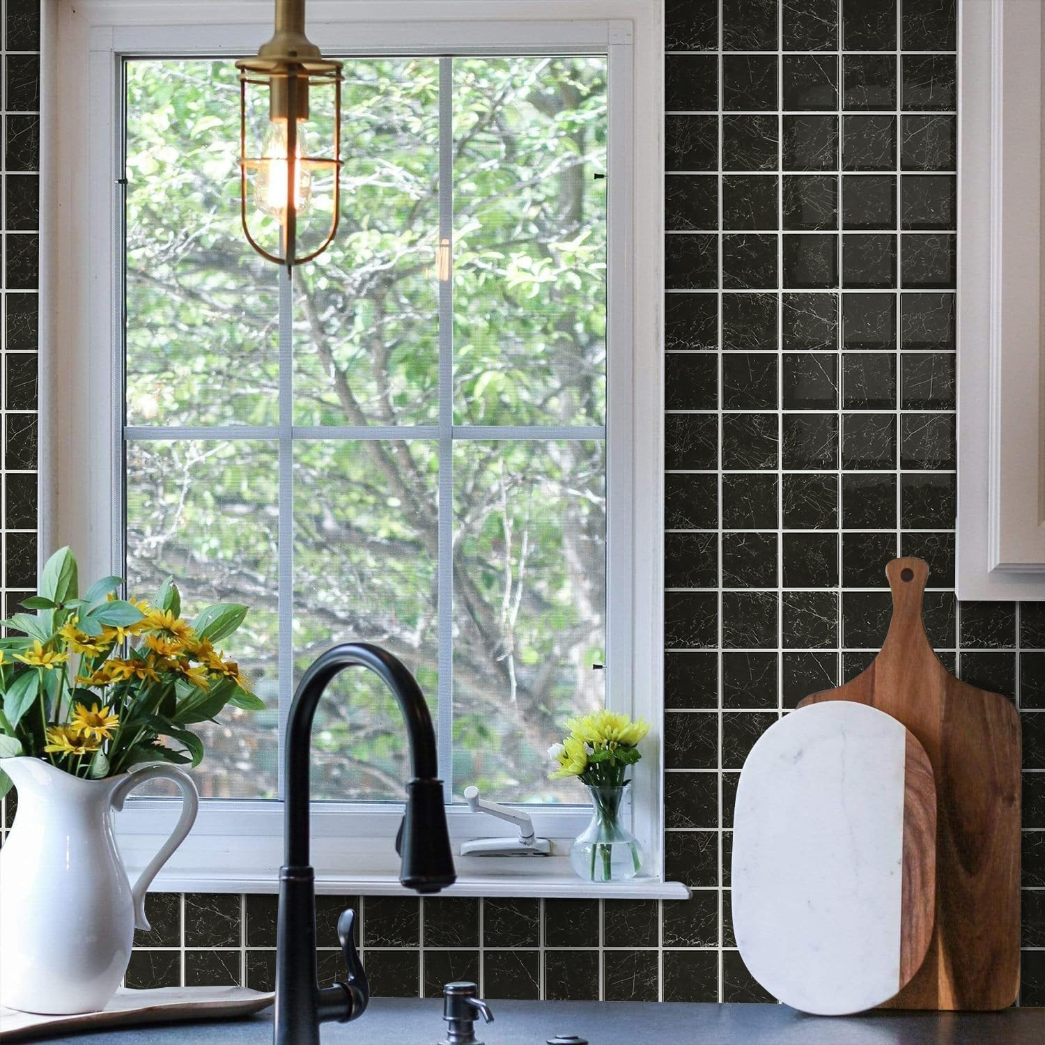 Black Marble Peel and Stick Backsplash Tiles - 10 Pack 12x12 3D Glossy Panels