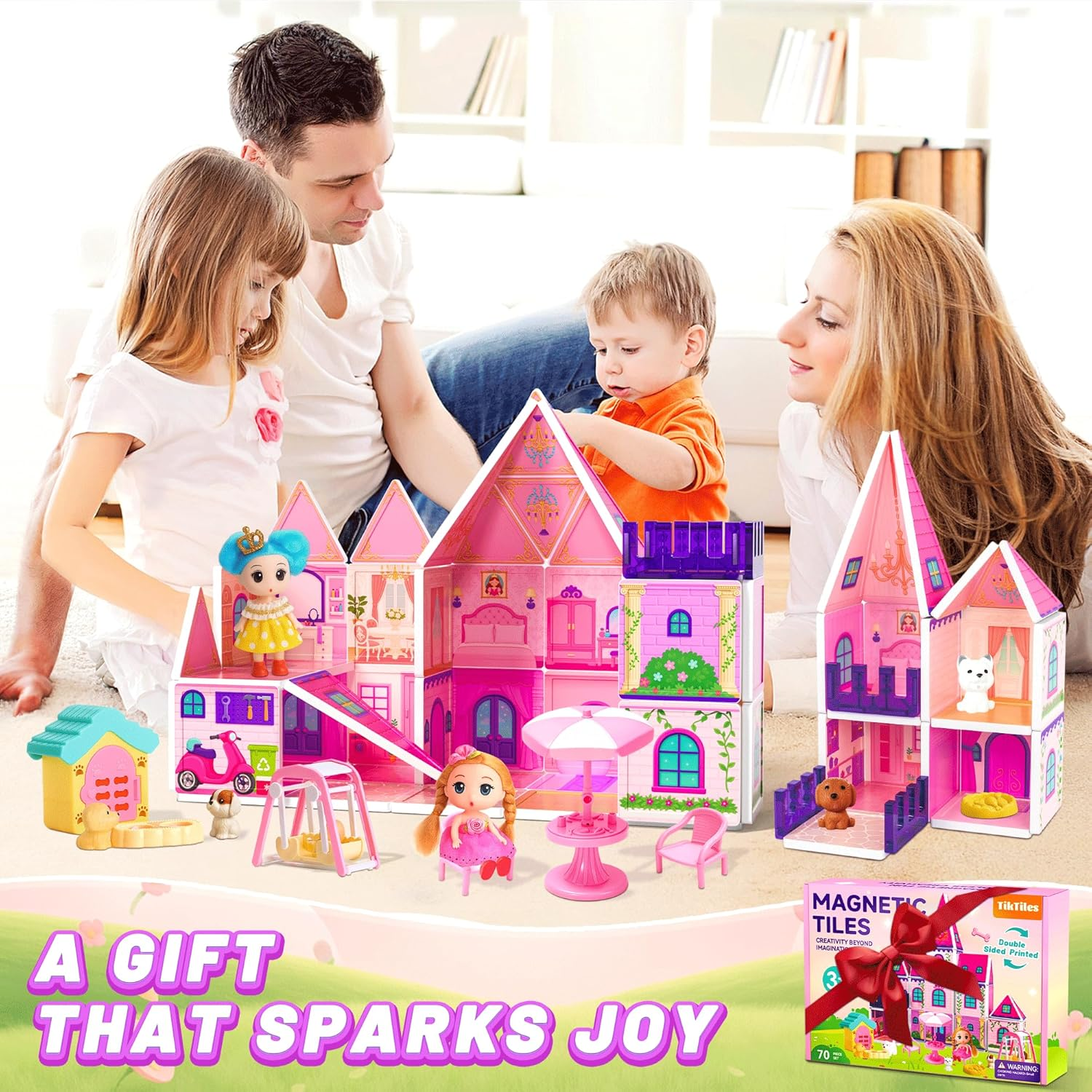 Magnetic Tiles Dollhouse - 70 Piece STEM Building Set with Doll & Pets