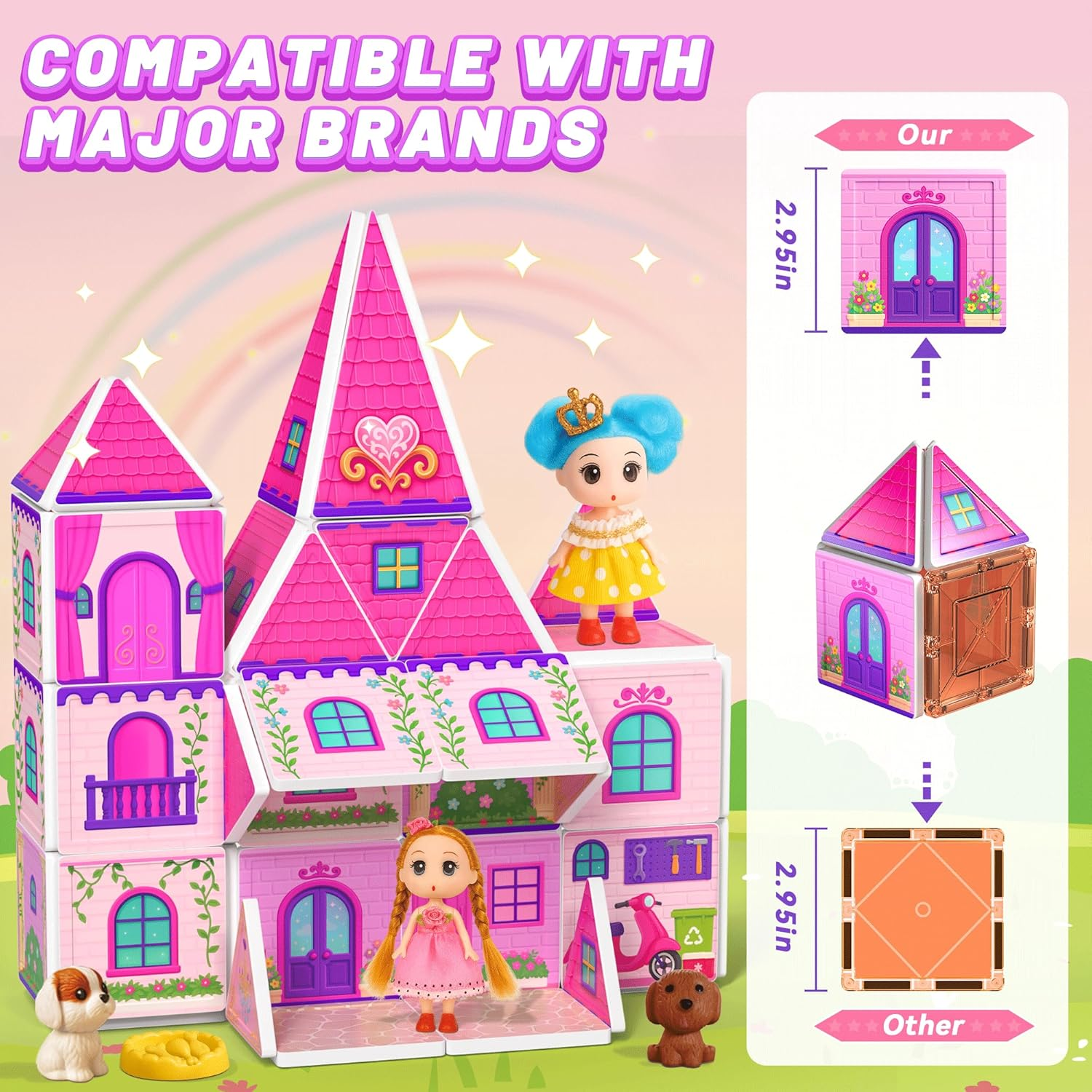 Magnetic Tiles Dollhouse - 70 Piece STEM Building Set with Doll & Pets