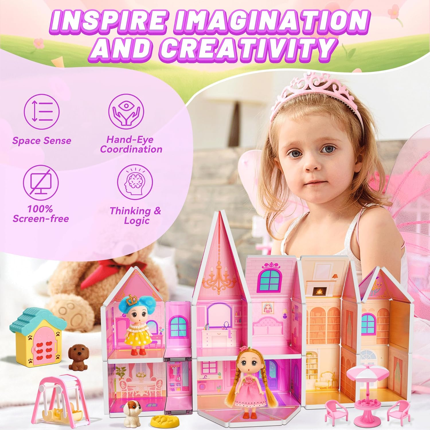 Magnetic Tiles Dollhouse - 70 Piece STEM Building Set with Doll & Pets