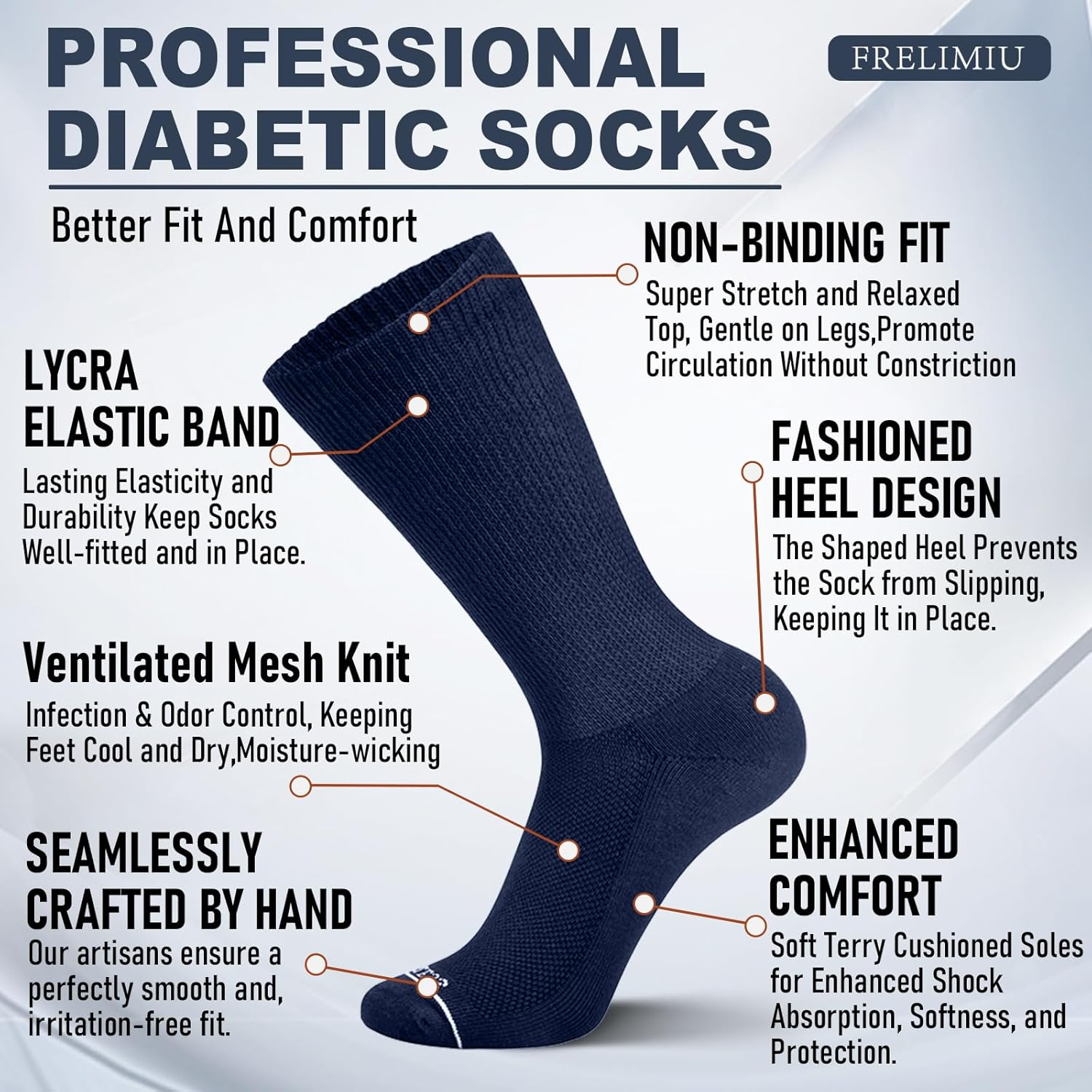 Diabetic Socks for Men - 6 Pack Seamless Crew with Non-Binding Loose Top