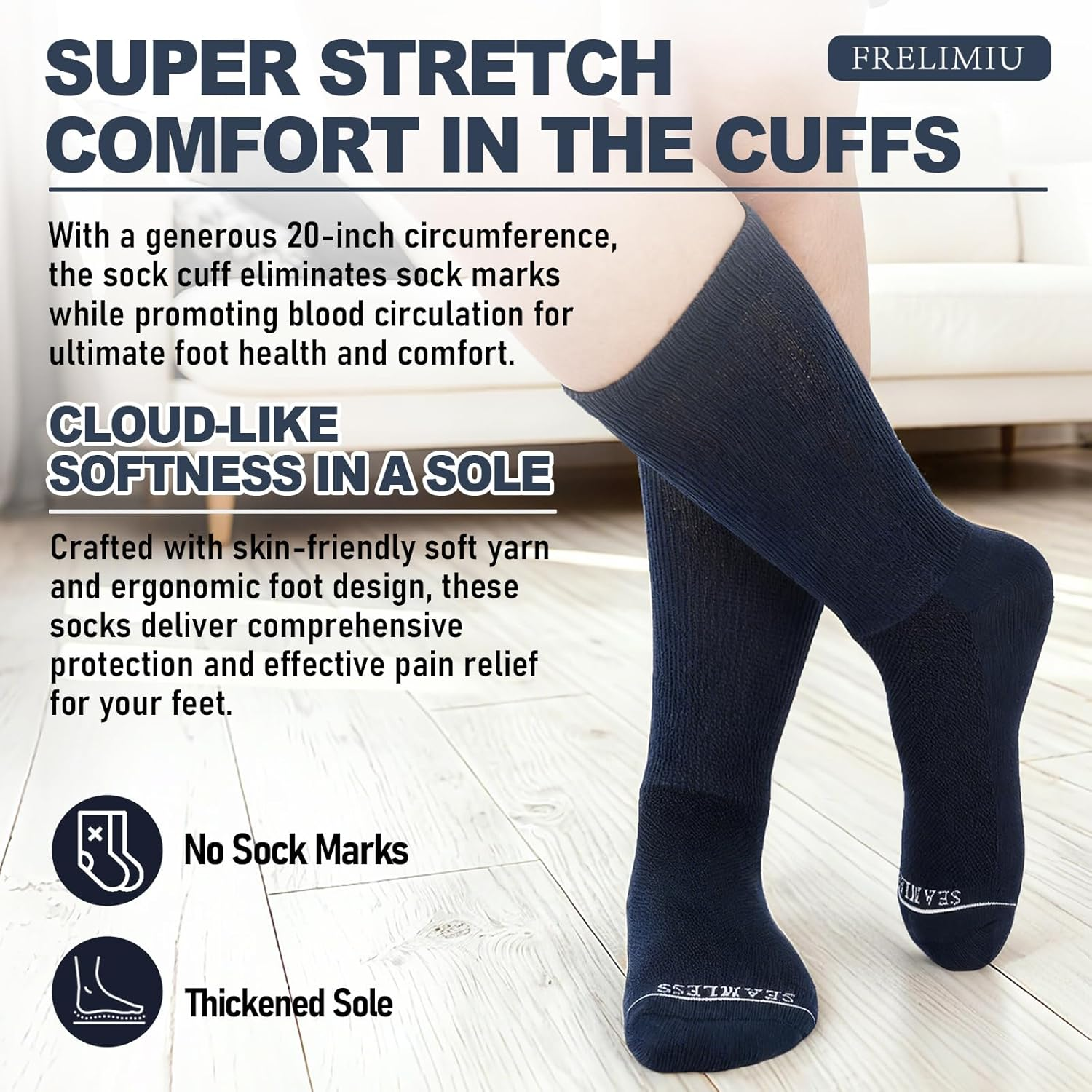 Diabetic Socks for Men - 6 Pack Seamless Crew with Non-Binding Loose Top