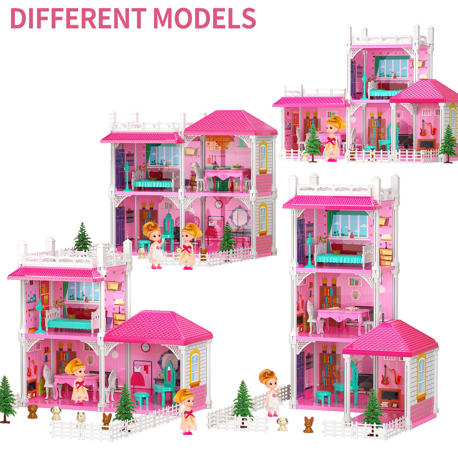 TEMI Luxury Doll House - 2-Story Villa with 4 Rooms, 2 Dolls & Furniture for Girls Ages 3-8