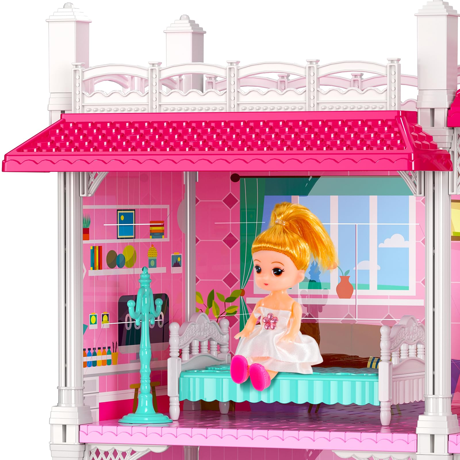 TEMI Luxury Doll House - 2-Story Villa with 4 Rooms, 2 Dolls & Furniture for Girls Ages 3-8