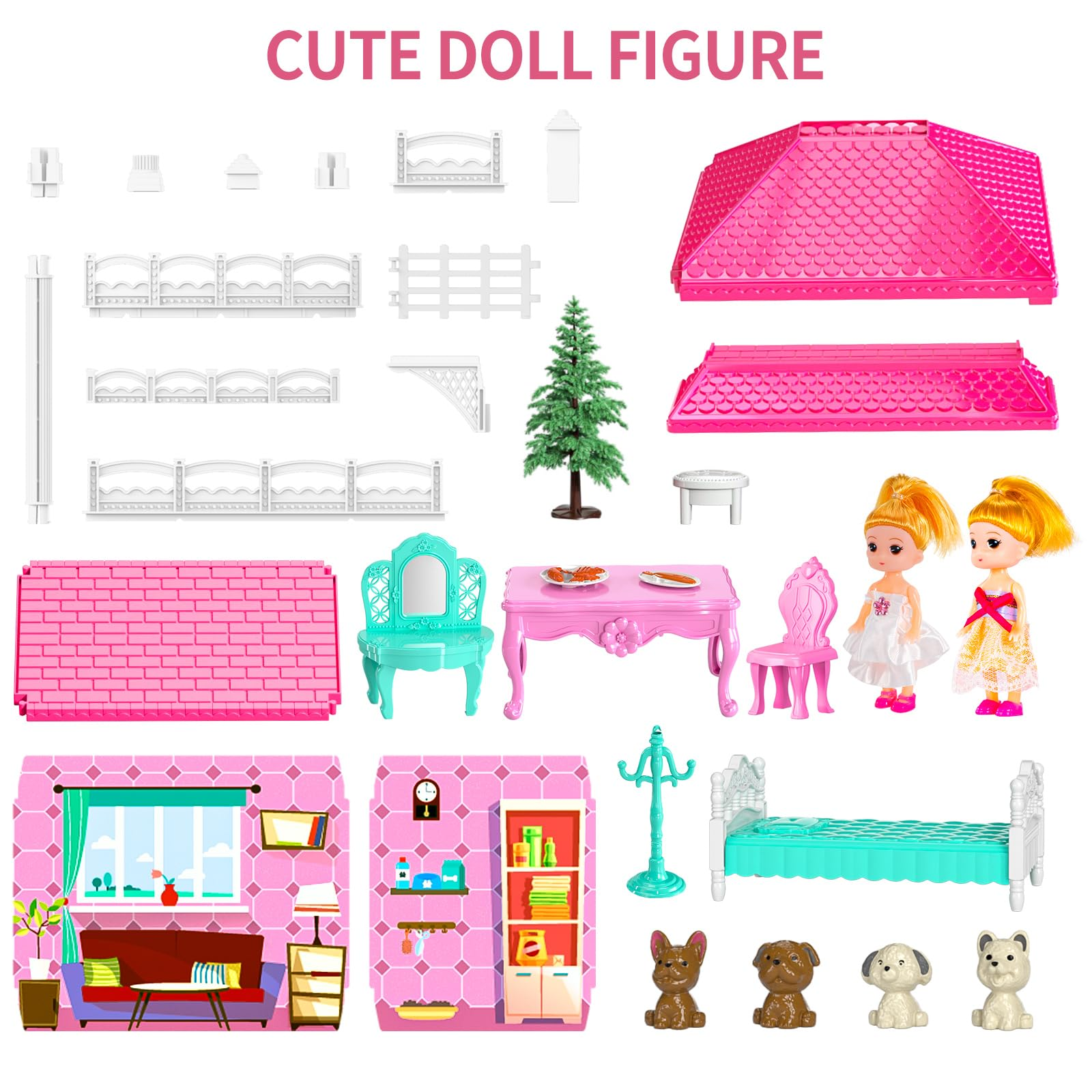 TEMI Luxury Doll House - 2-Story Villa with 4 Rooms, 2 Dolls & Furniture for Girls Ages 3-8
