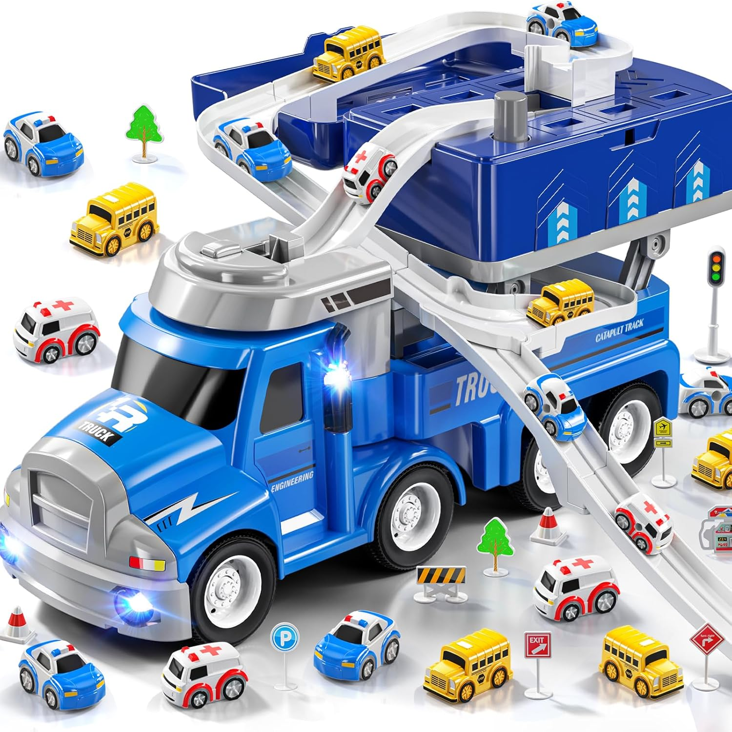 2-in-1 Carrier Toy Truck with 8 City Cars - Transport Vehicle with Lights & Music for Kids 2-6