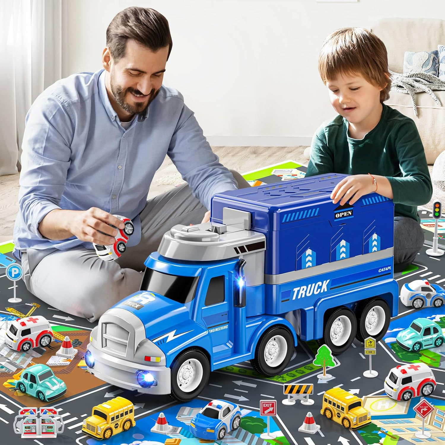 2-in-1 Carrier Toy Truck with 8 City Cars - Transport Vehicle with Lights & Music for Kids 2-6