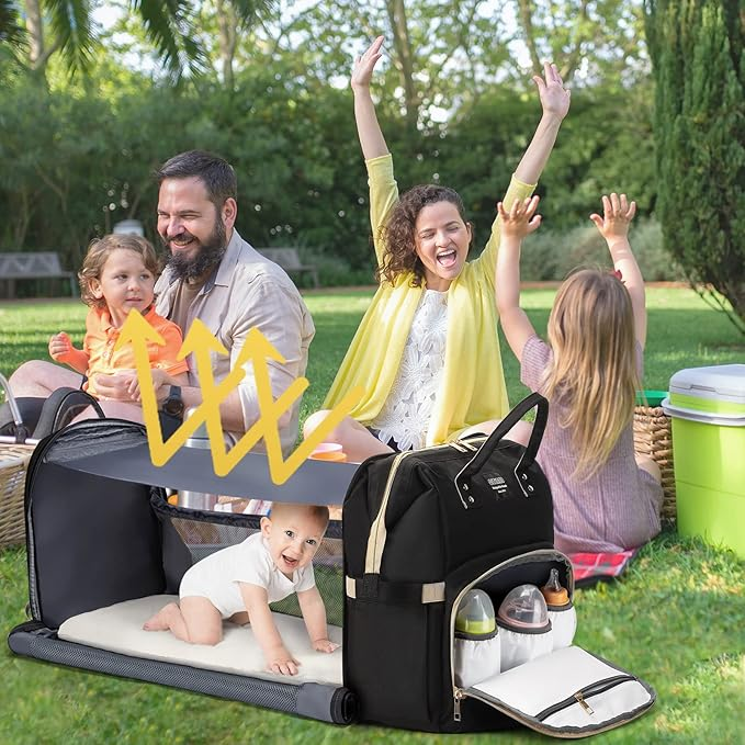 3-in-1 Diaper Bag Backpack with Travel Bassinet - Foldable Baby Bed & Changing Station